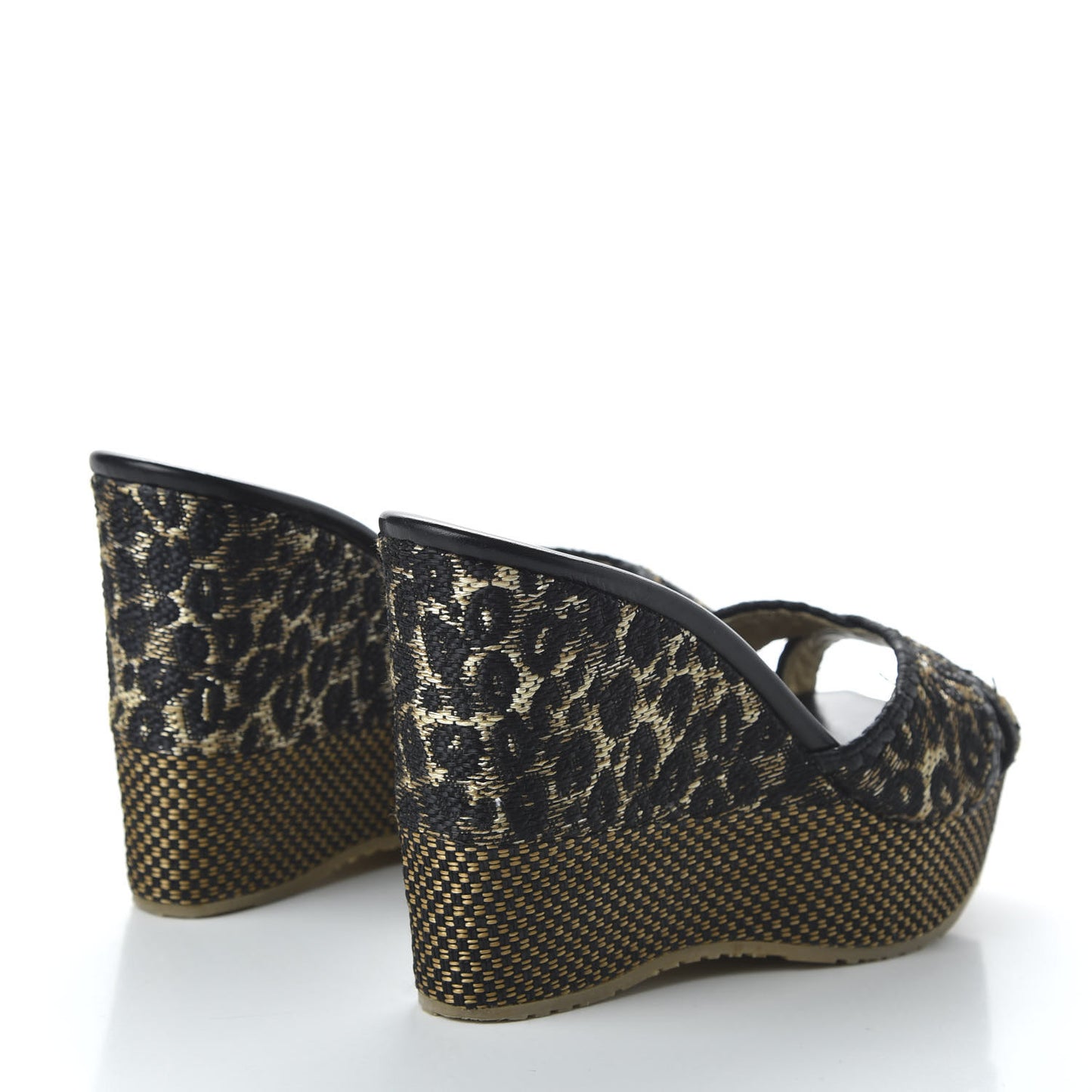 Woven Raffia Leopard Print Perfume Wedge Sandals 39.5 Natural Black