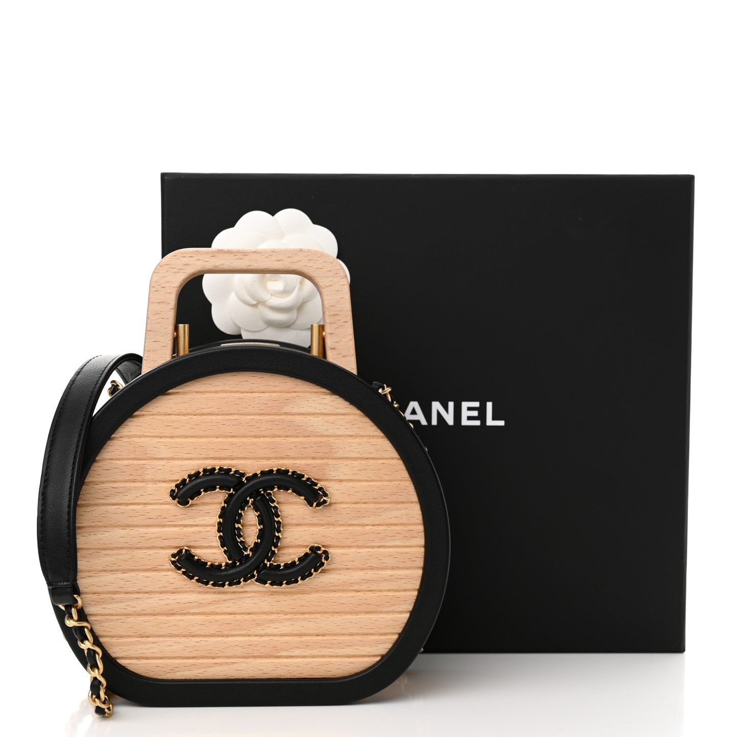 Beech Wood Lambskin Round CC Vanity Case Black