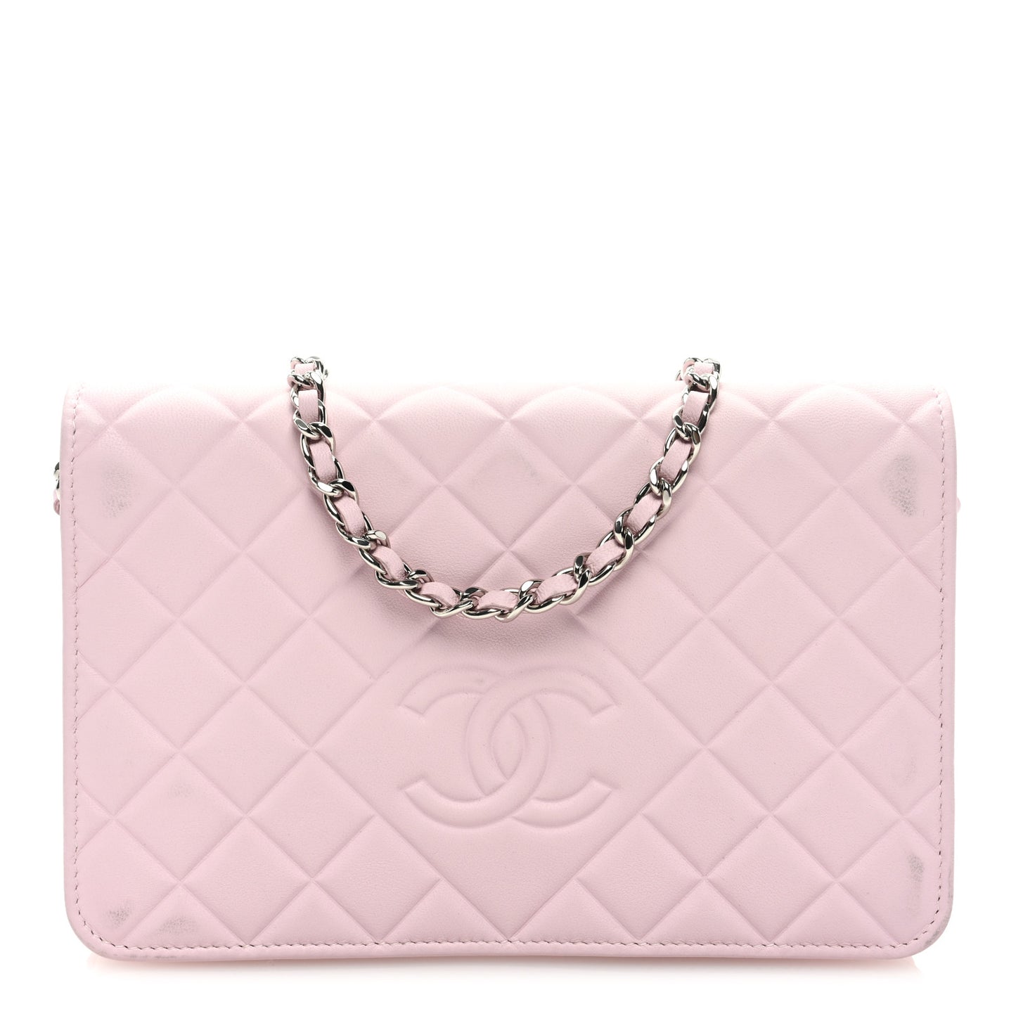 Lambskin Quilted Diamond CC Wallet On Chain WOC Pink