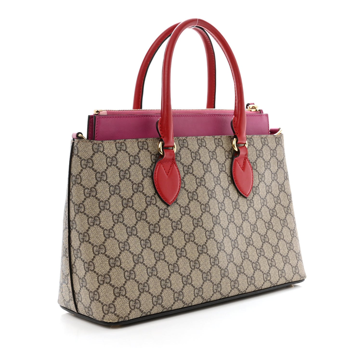 GG Supreme Monogram Moon Calfskin Small Zip Top Tote Beige Ebony Hibiscus Red New Rosette