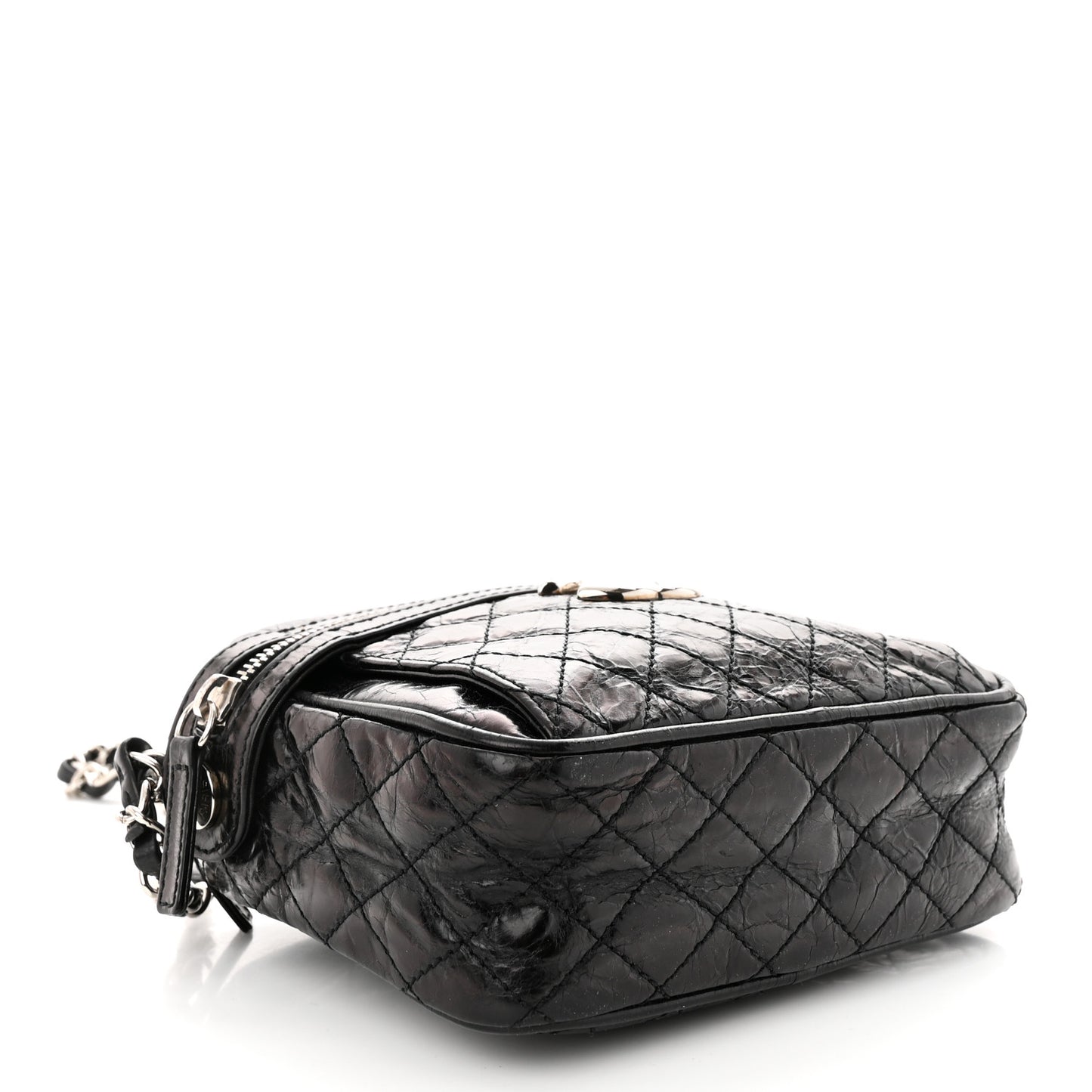 Glazed Crackled Calfskin Quilted CC Crossbody Black