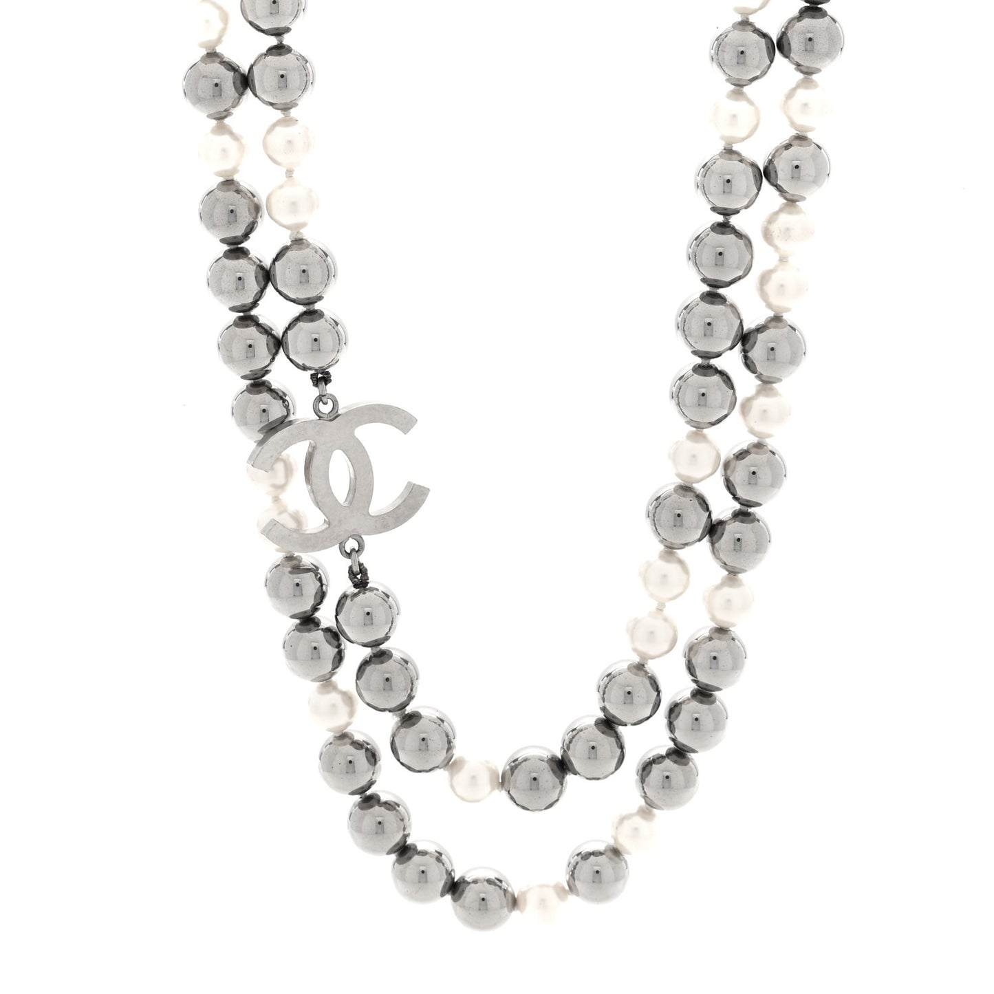 Metal Pearl CC Long Necklace Silver Pearly White Grey
