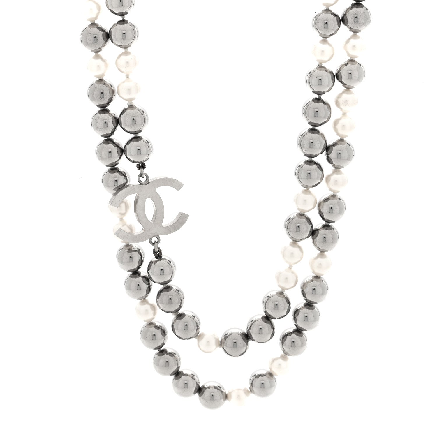Chanel Metal Pearl CC Long Necklace Silver Pearly White Grey 1 of 4