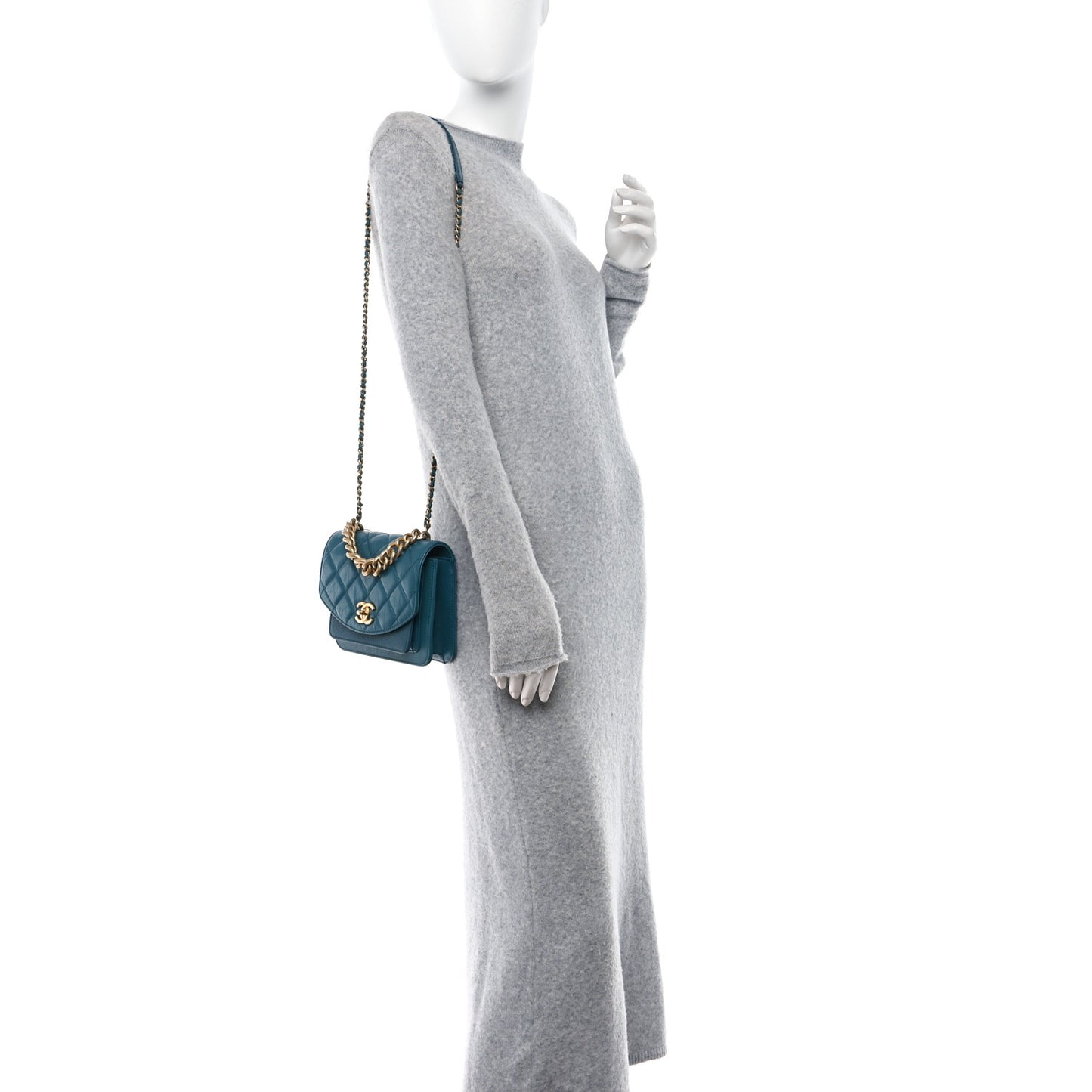 Calfskin Caviar Quilted Mini Chain Handle Flap Dark Turquoise