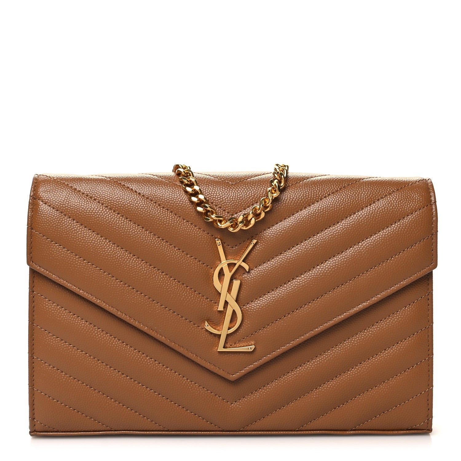 Saint Laurent Grain De Poudre Matelasse Chevron Monogram Chain Wallet Natural Dark 1 of 11