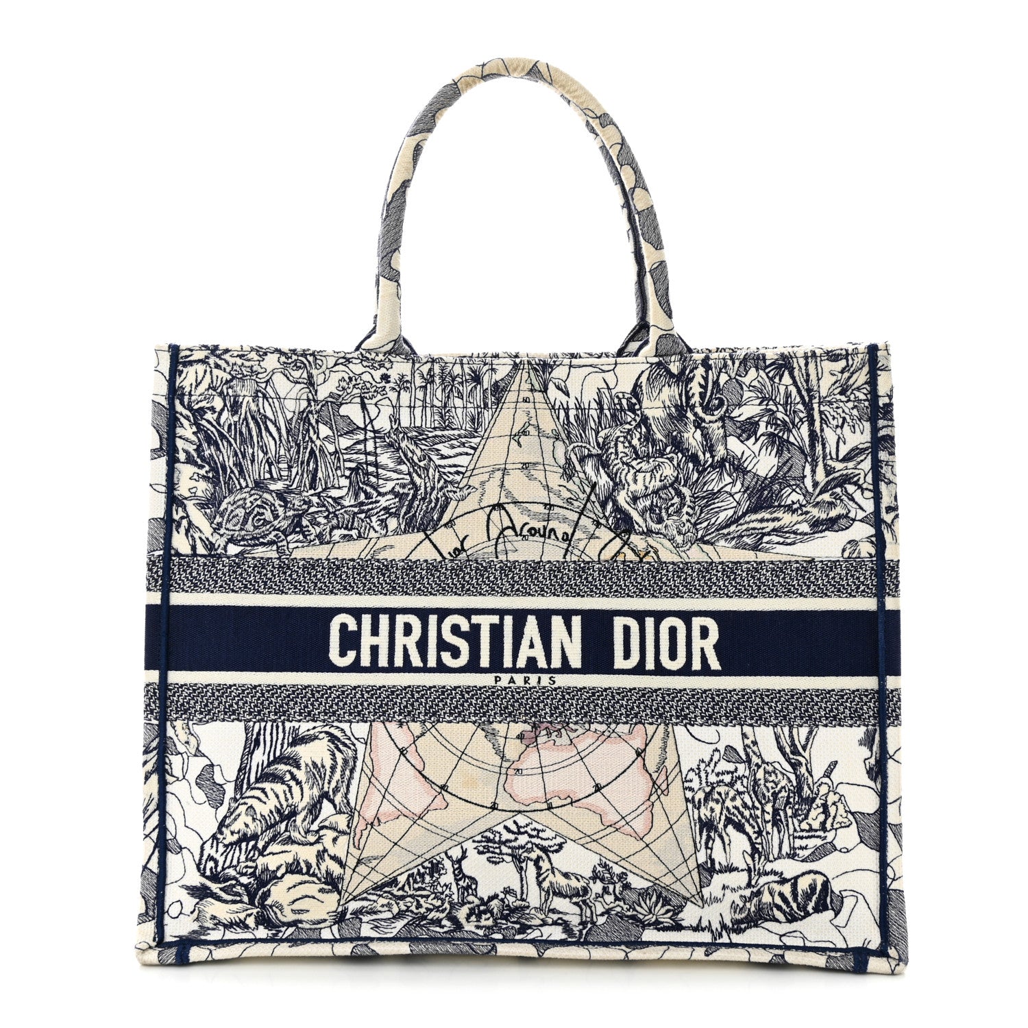 Christian Dior Canvas Embroidered Large Around The World Book Tote Blue 1 of 17