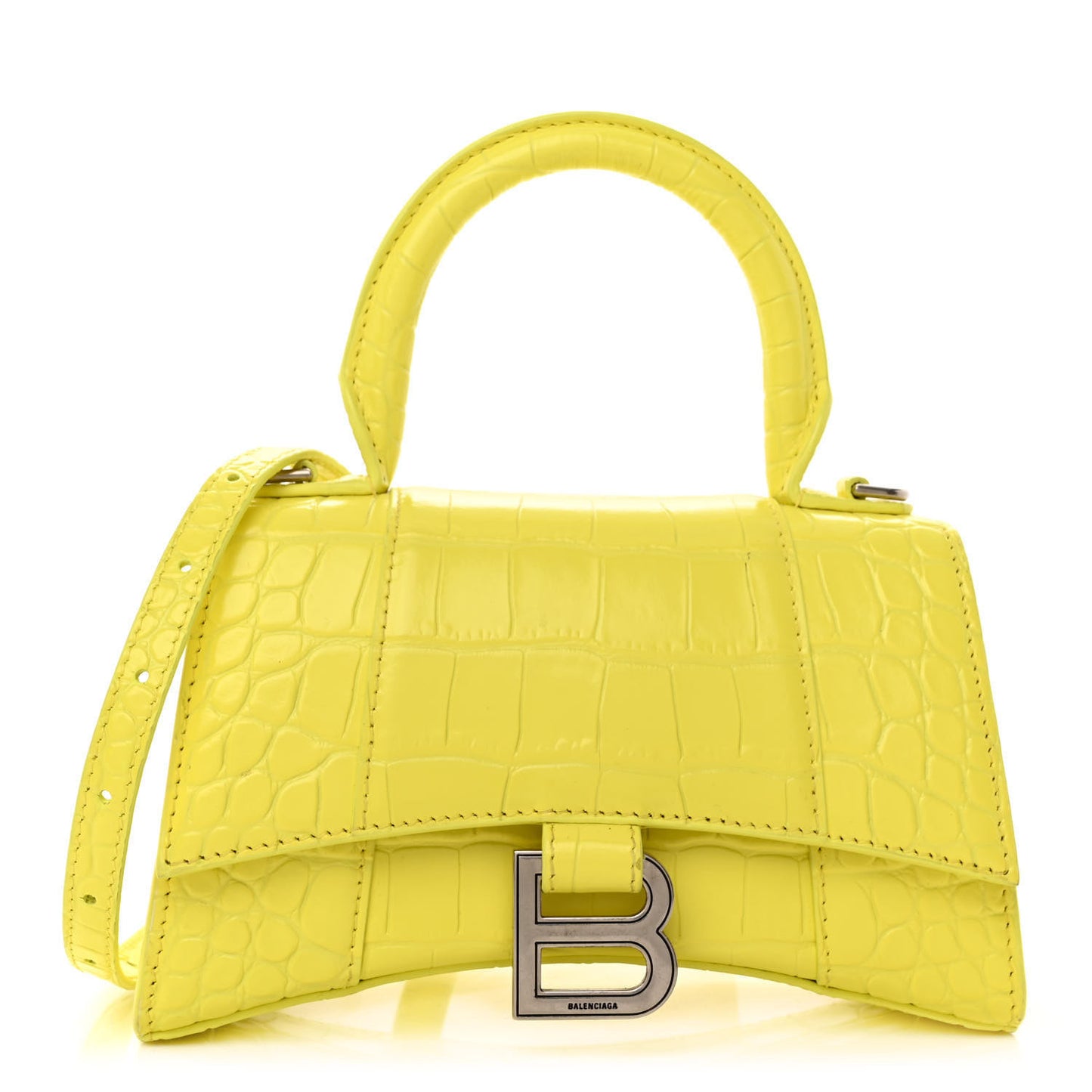 Shiny Calfskin Crocodile Embossed Hourglass Top Handle Bag XS Light Yellow