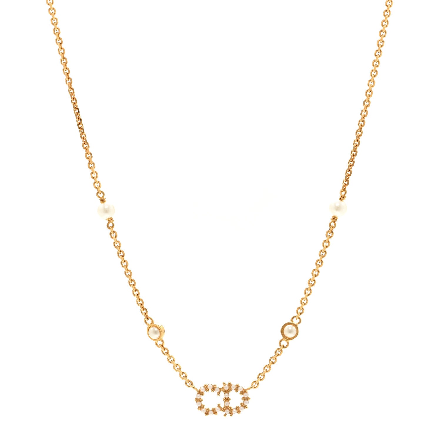 Christian Dior Metal Crystal Pearl Clair D Lune Necklace Gold