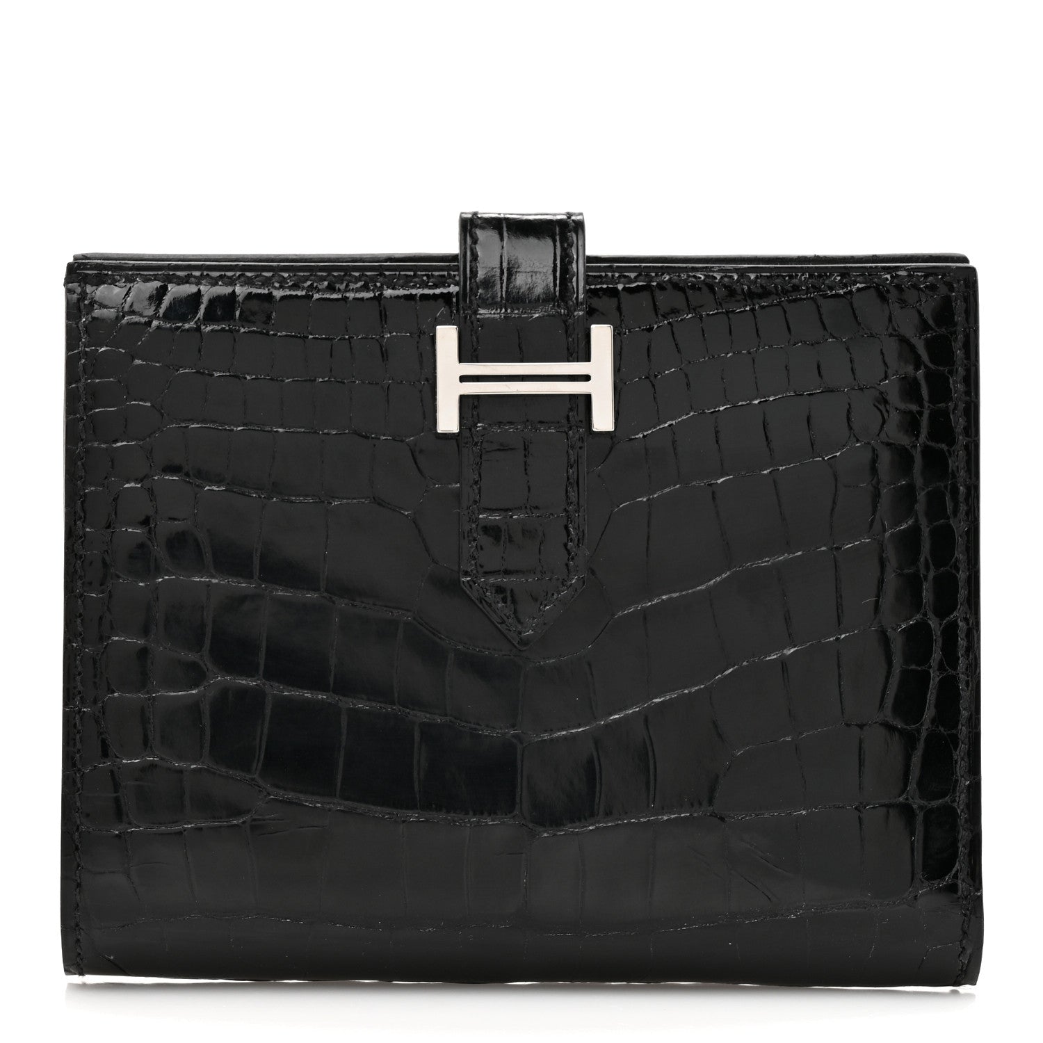 Hermes Shiny Alligator Bearn Compact Wallet Black 1838888