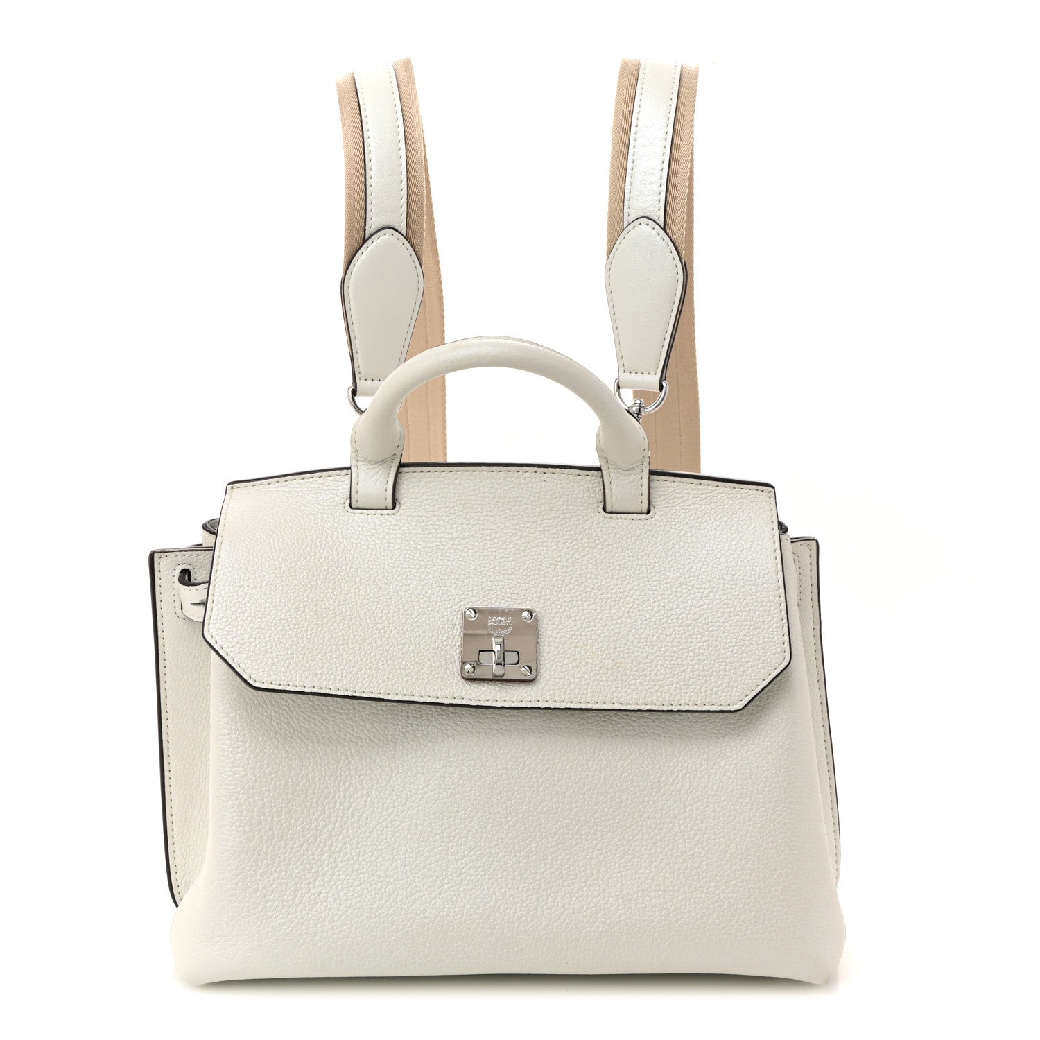 MCM Grained Calfskin Medium Milla Convertible Backpack White Flake