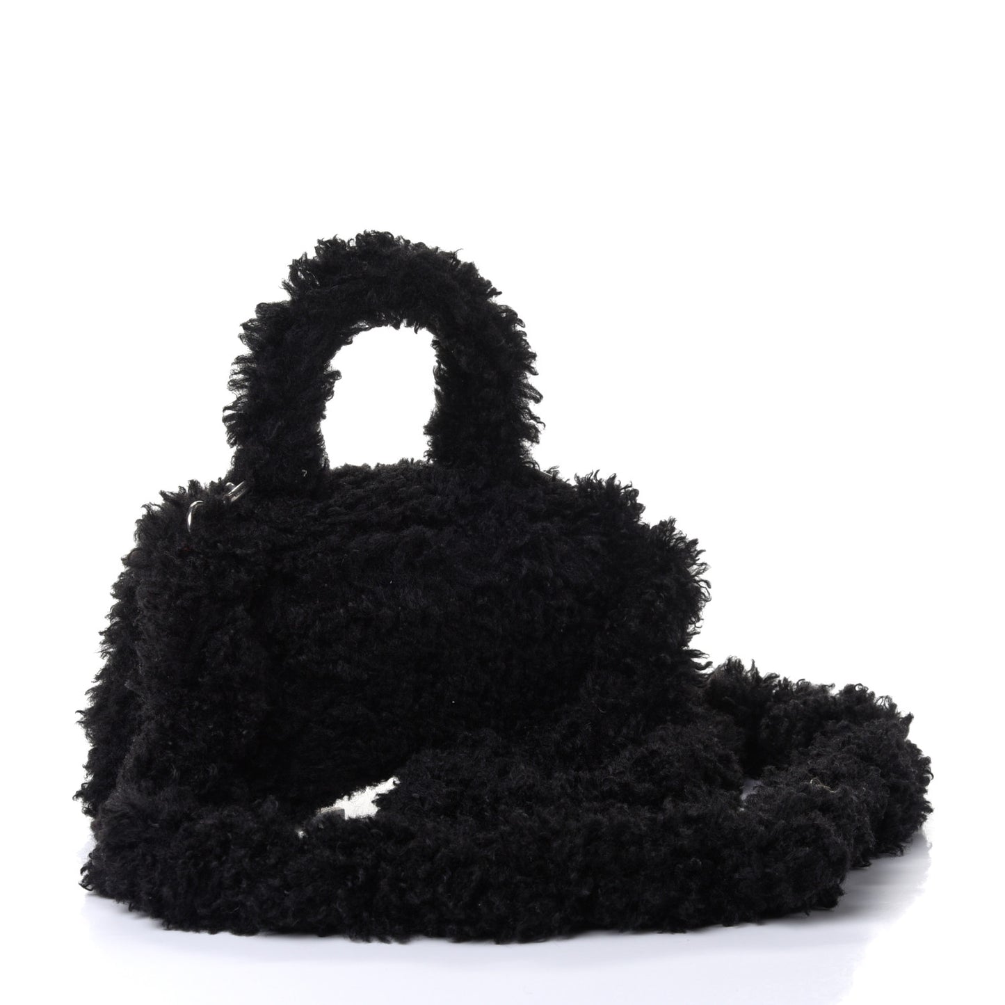 Faux Fur Fluffy Hourglass Top Handle Bag XS Black