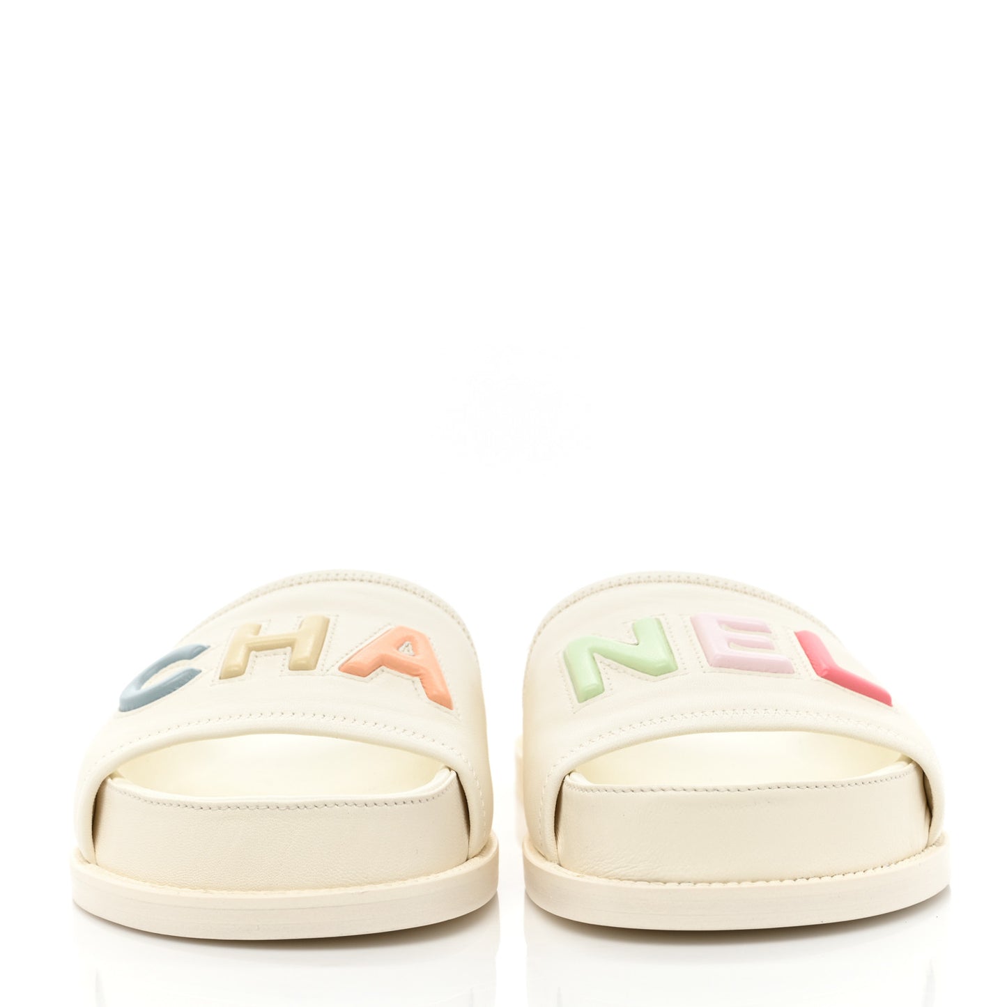 Lambskin Cha-Nel Mule Sandals 38 Ivory Multicolor