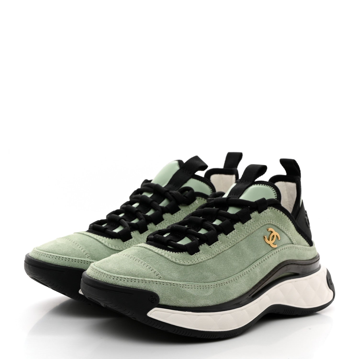 Chanel Suede Calfskin Nylon Grosgrain CC Sneakers 36.5 Light Green 3 of 9