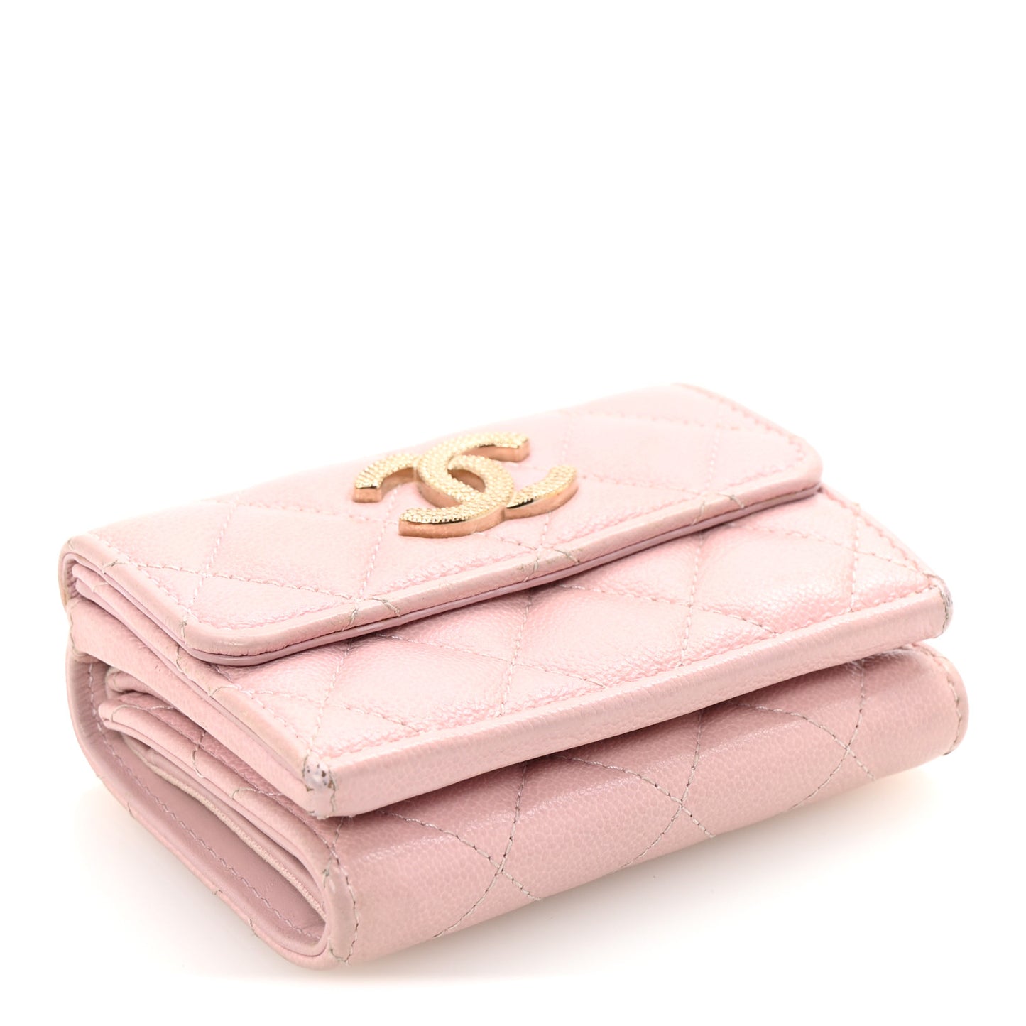 Caviar Quilted Studded CC Double Flap Wallet Light Pink