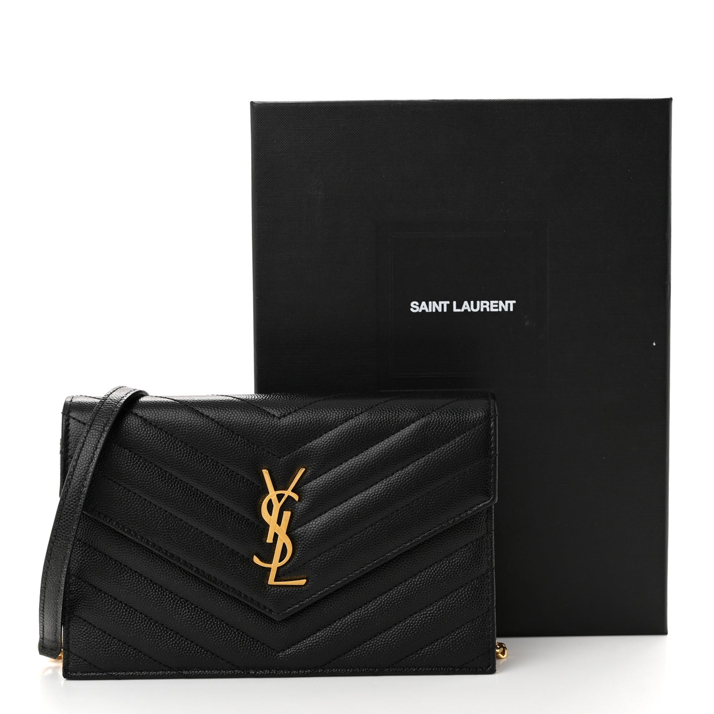 Grain De Poudre Matelasse Chevron Monogram Envelope Chain Wallet Black