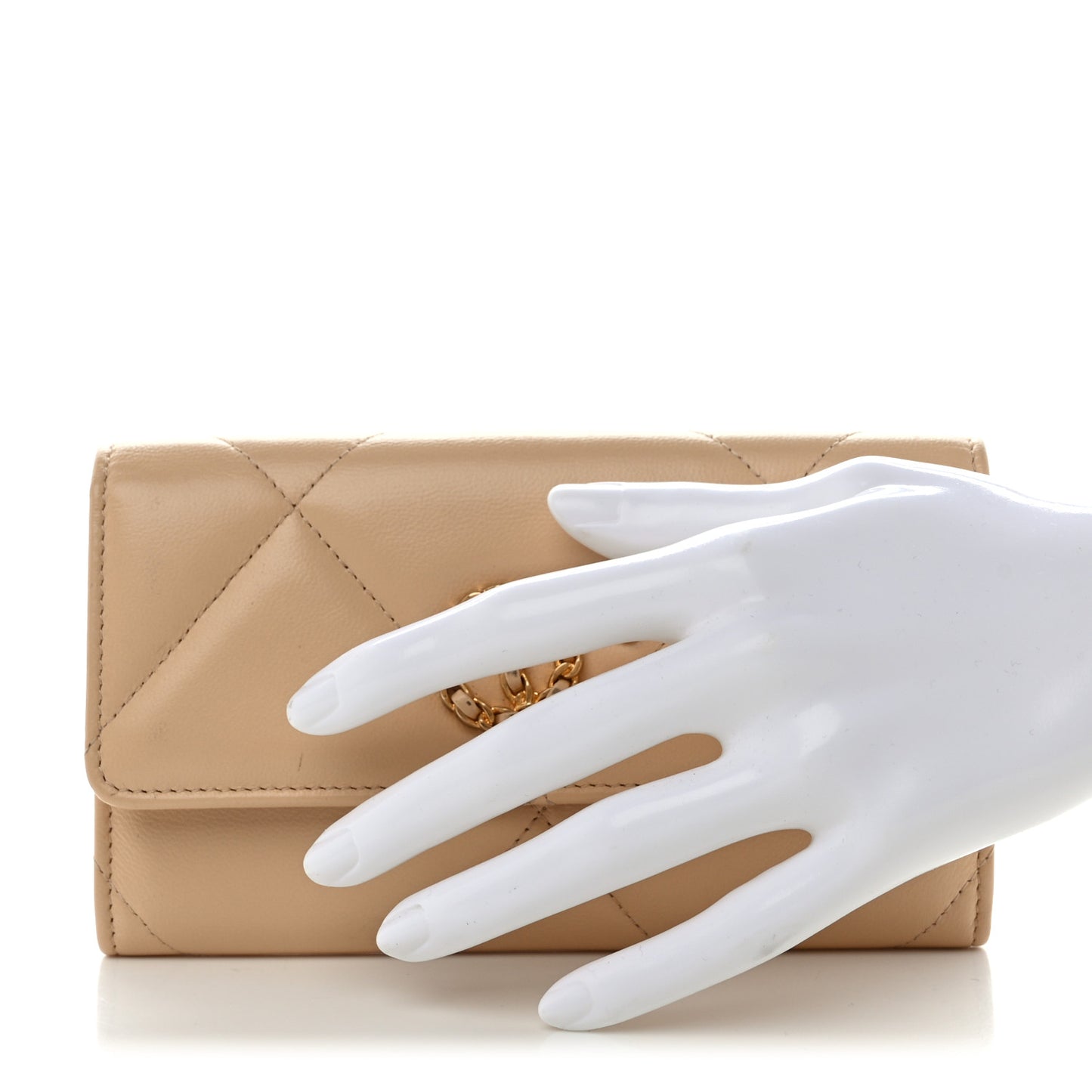 Shiny Goatskin Quilted Chanel 19 Flap Wallet Beige