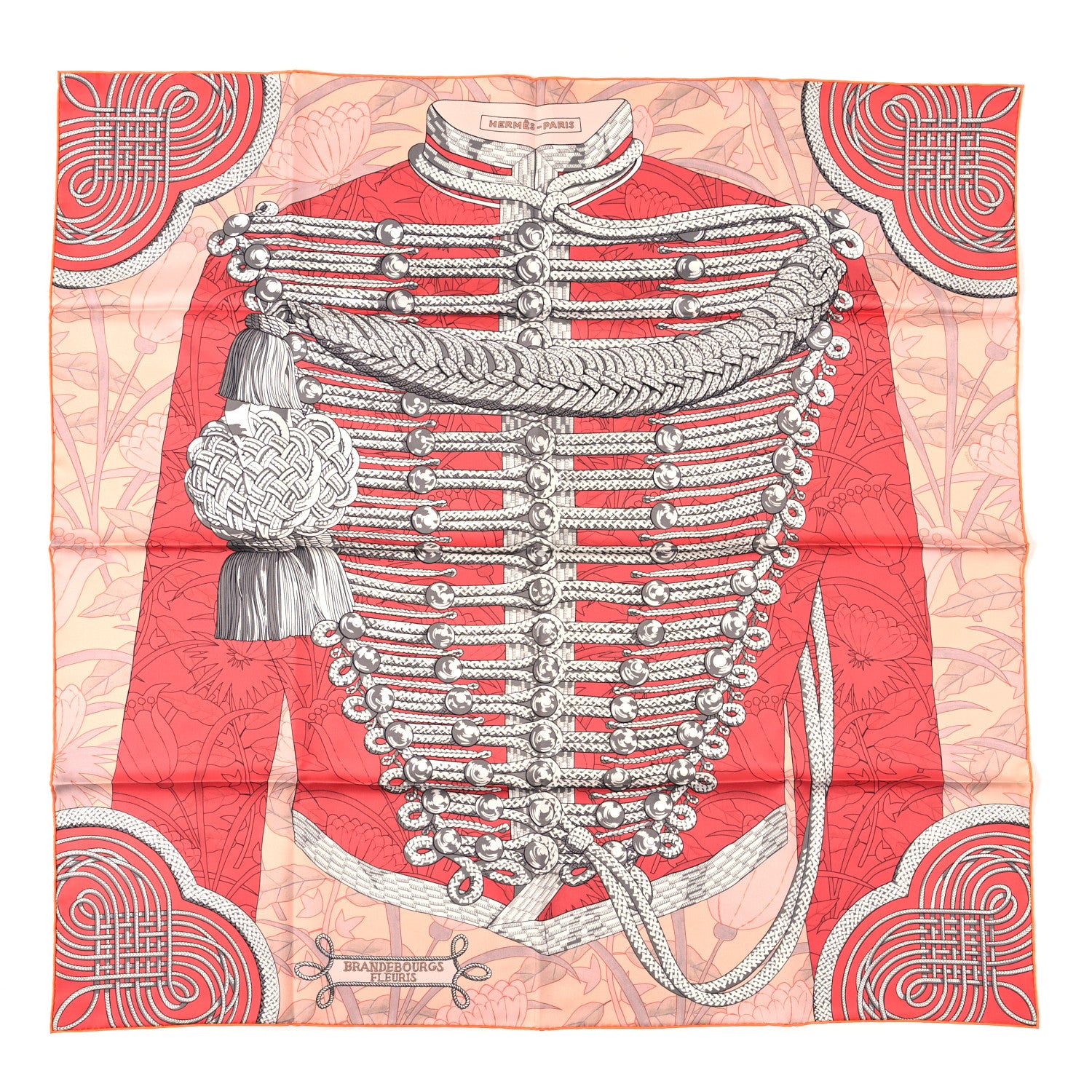 Hermes Silk Carre Double Face Brandebourgs Scarf 90 Abricot Corail Etoupe 1 of 4