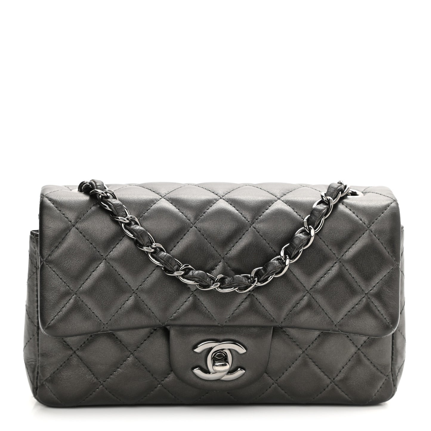 Iridescent Calfskin Quilted Mini Rectangular Flap Charcoal Grey