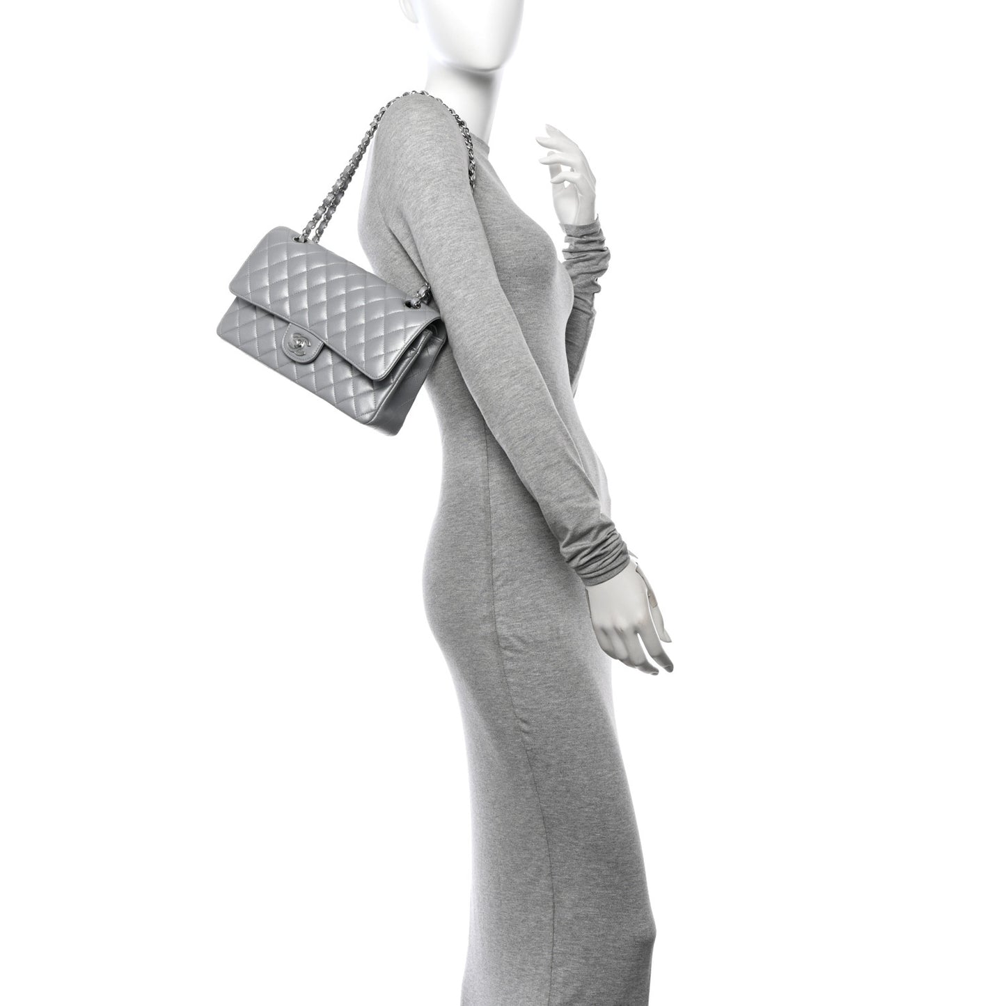 Iridescent Lambskin Quilted Medium Double Flap Grey