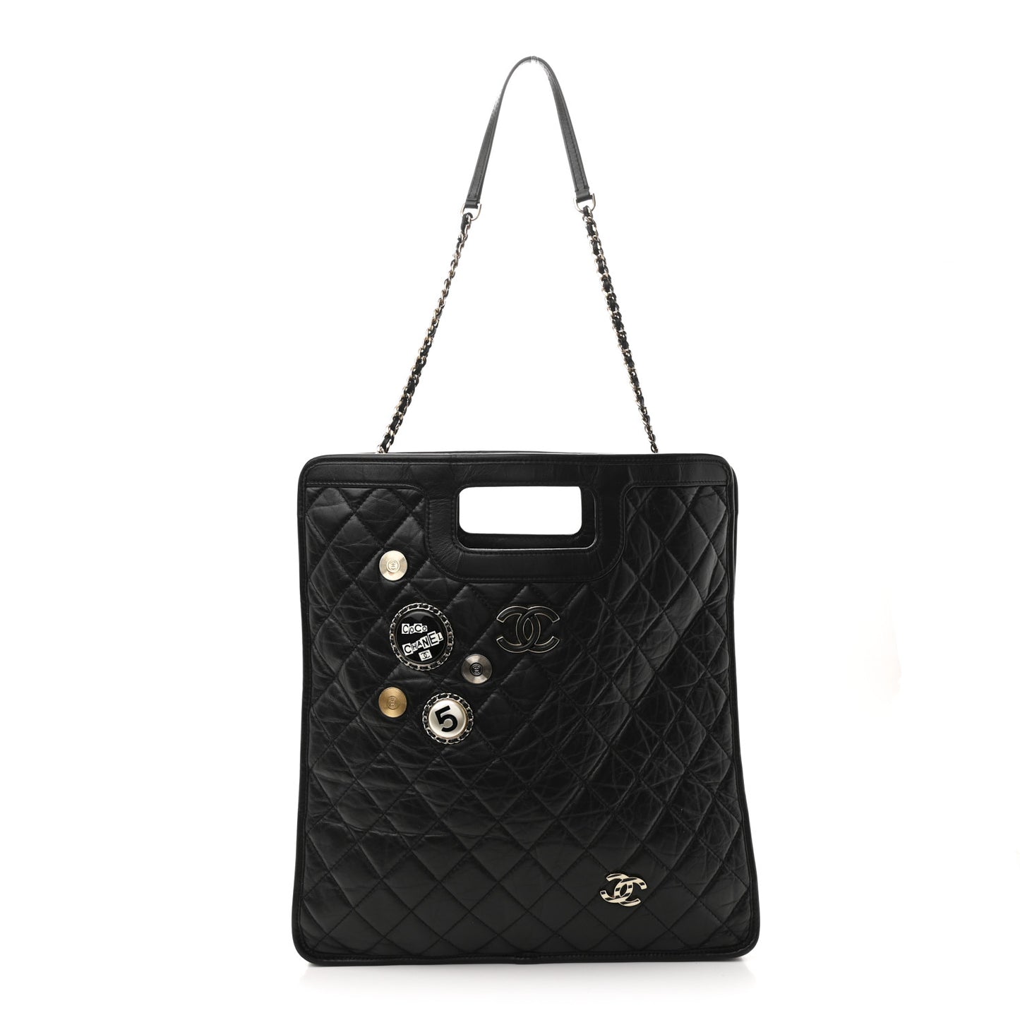 Aged Calfskin Medium Charm Shopping Bag Black