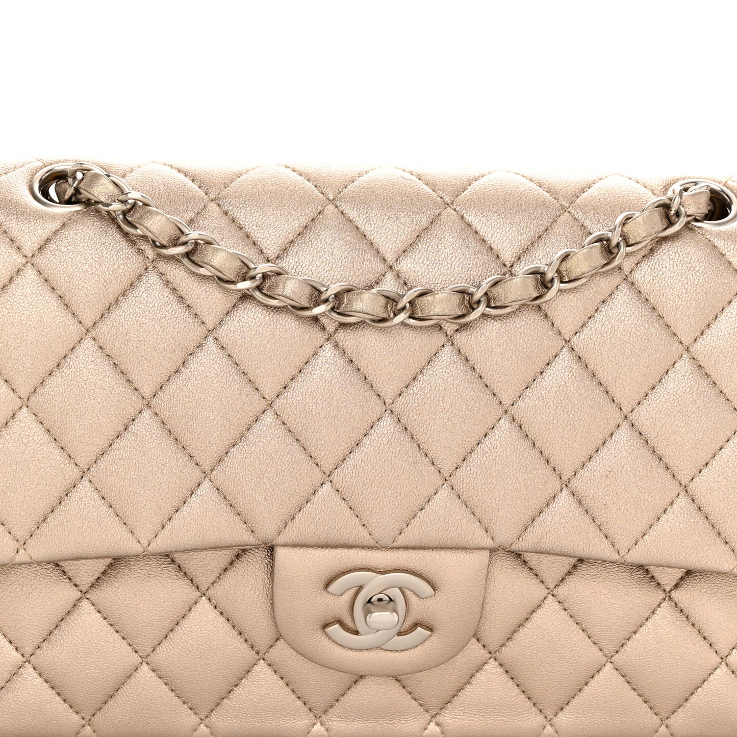 Metallic Lambskin Quilted Medium Double Flap Gold