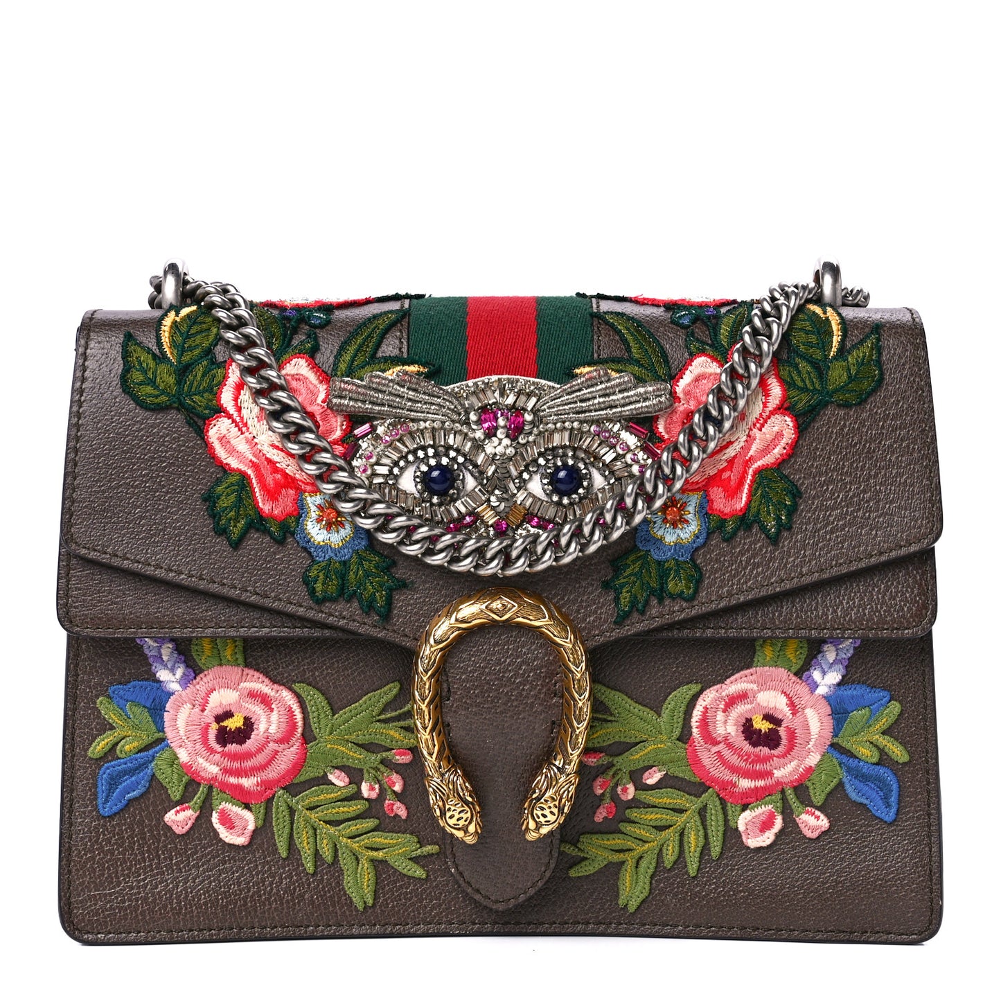 Calfskin Web Owl Embroidered Medium Dionysus Shoulder Bag New Acero Multicolor