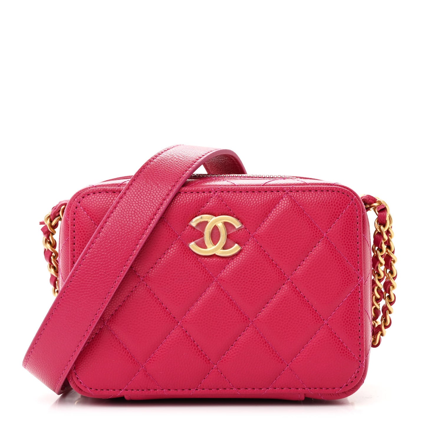 Caviar Quilted Twist Your Buttons Clutch With Chain Fuchsia
