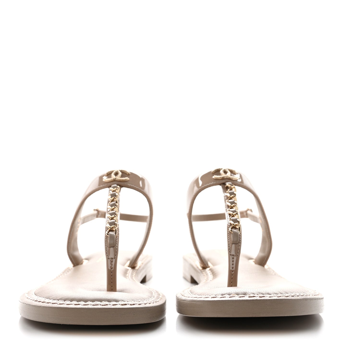 Lambskin Patent Chain CC Logo Thong Sandals 39 Beige