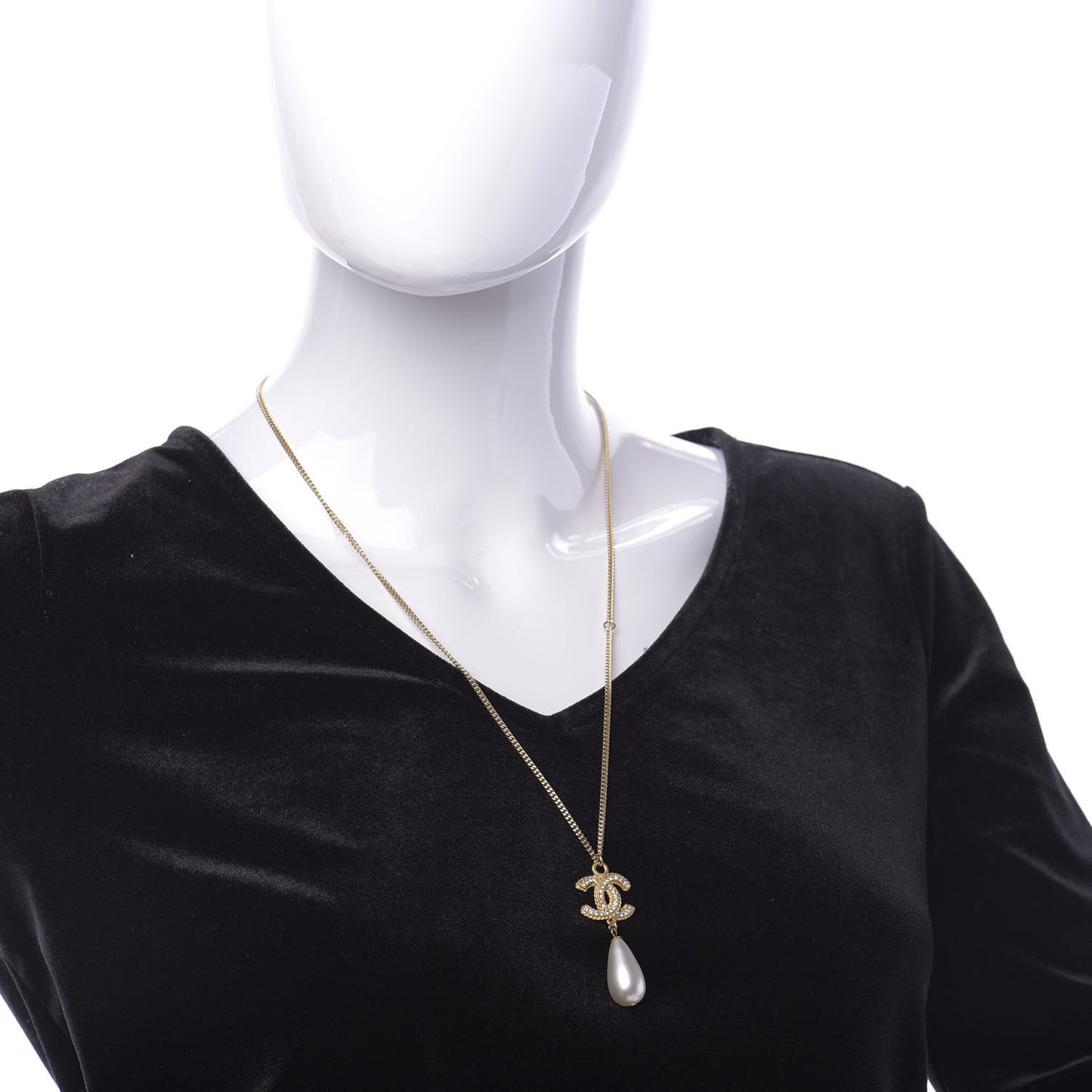 Pearl Crystal CC Drop Necklace Gold