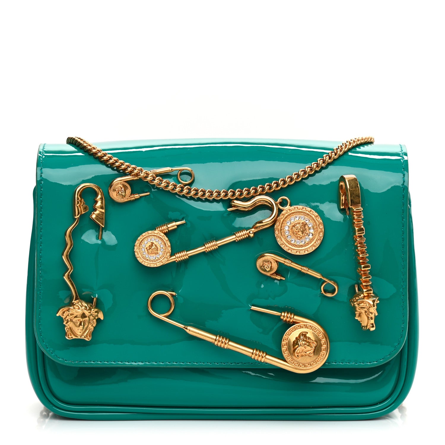 Versace Patent Medusa Safety Pin Embellished Shoulder Bag
