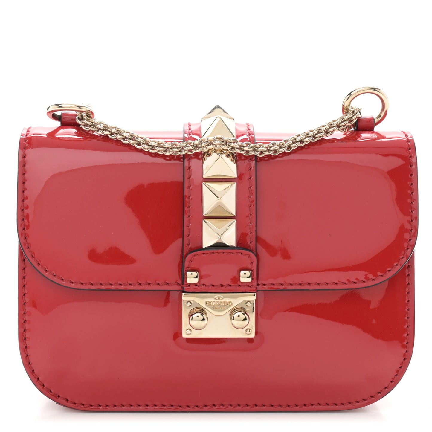 Patent Small Glam Lock Rockstud Flap Rosso Valentino