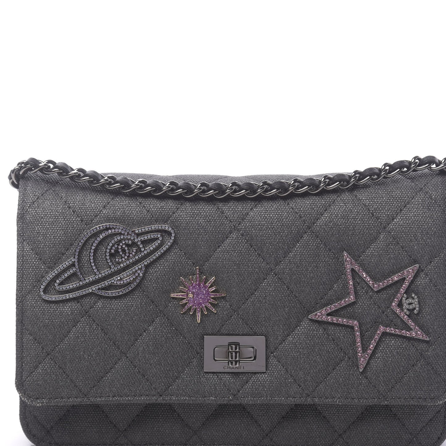 Metallic Canvas Quilted Space Charms Wallet On Chain WOC Grey
