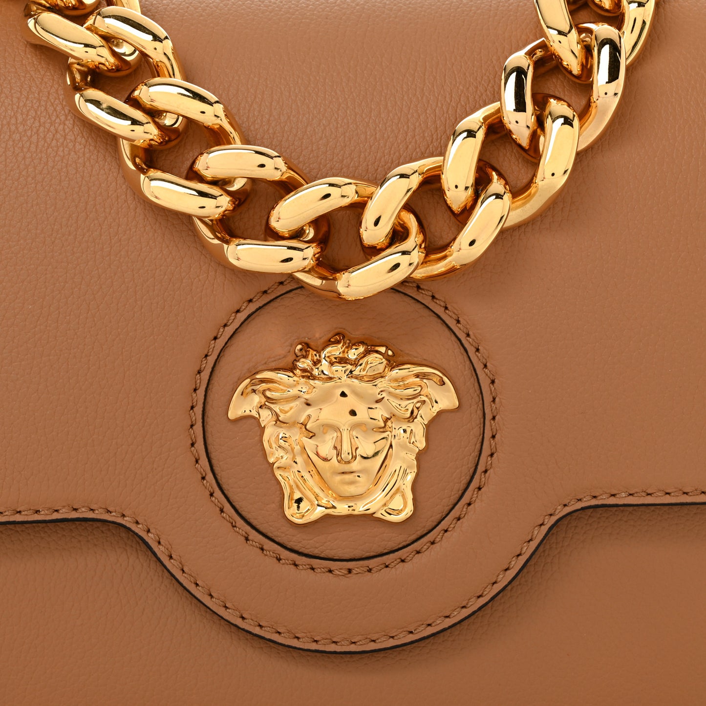 Grained Calfskin La Medusa Chain Clutch Bag Brown