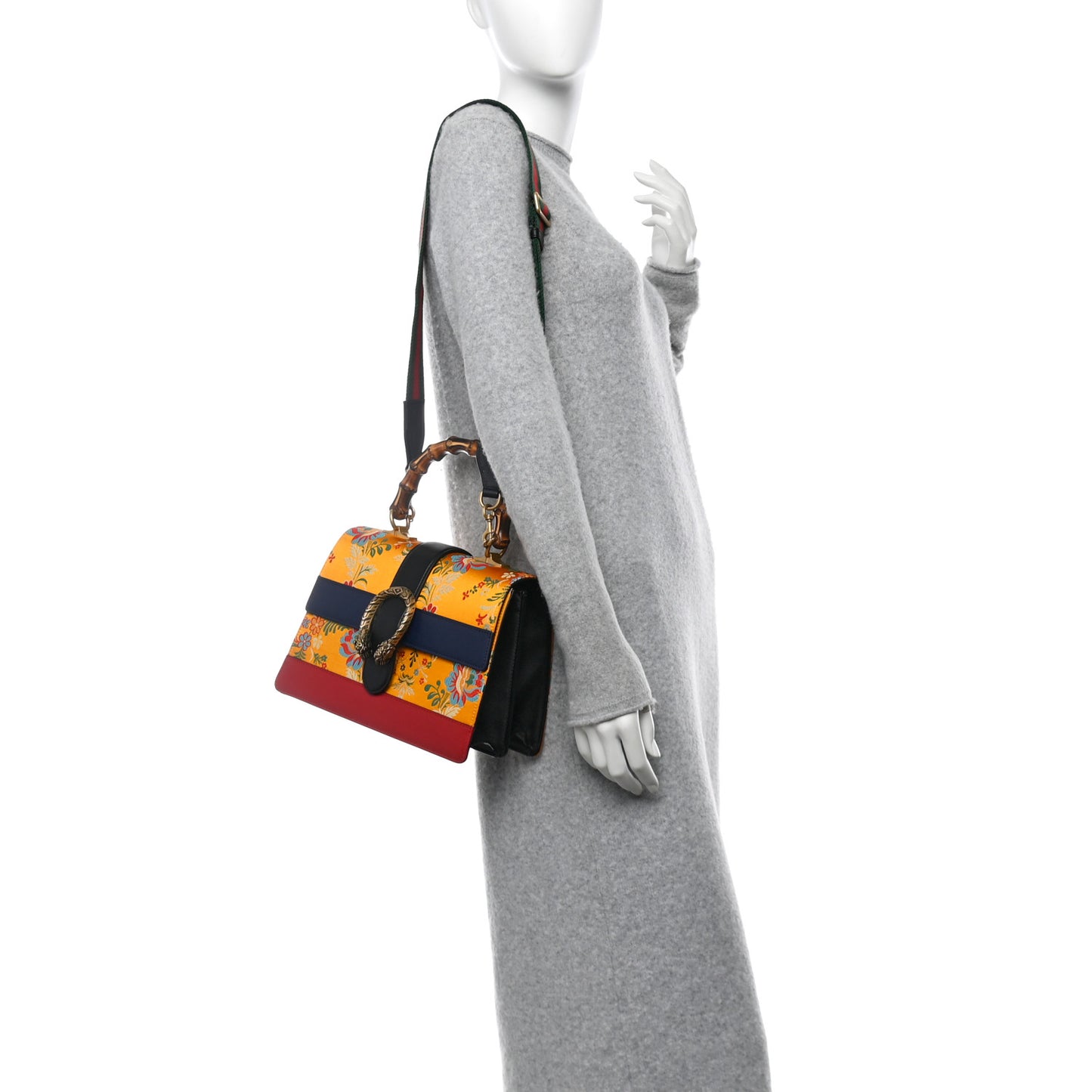 Satin Calfskin Bamboo Web Tokyo Print Medium Dionysus Top Handle Bag Giallo Multicolor Blue Agata Hibiscus Red