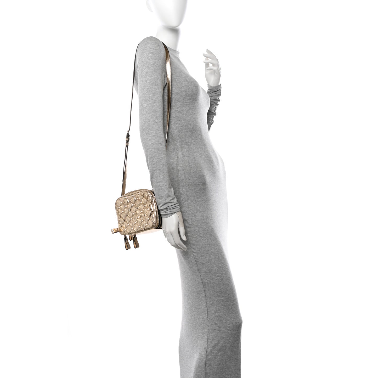 Metallic Wrinkled Lambskin Rockstud Spike Double Zip Camera Crossbody Bag Mekong