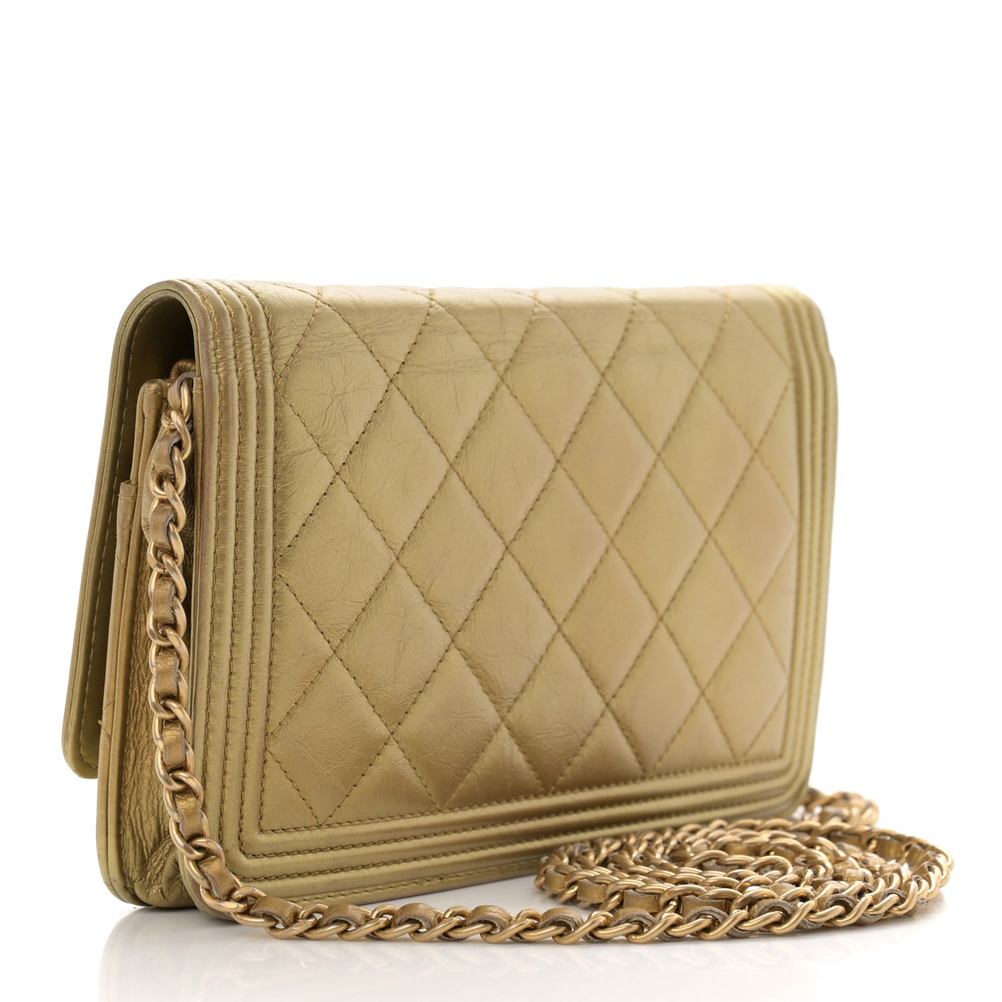Distressed Calfskin Quilted Boy Wallet On Chain WOC Gold