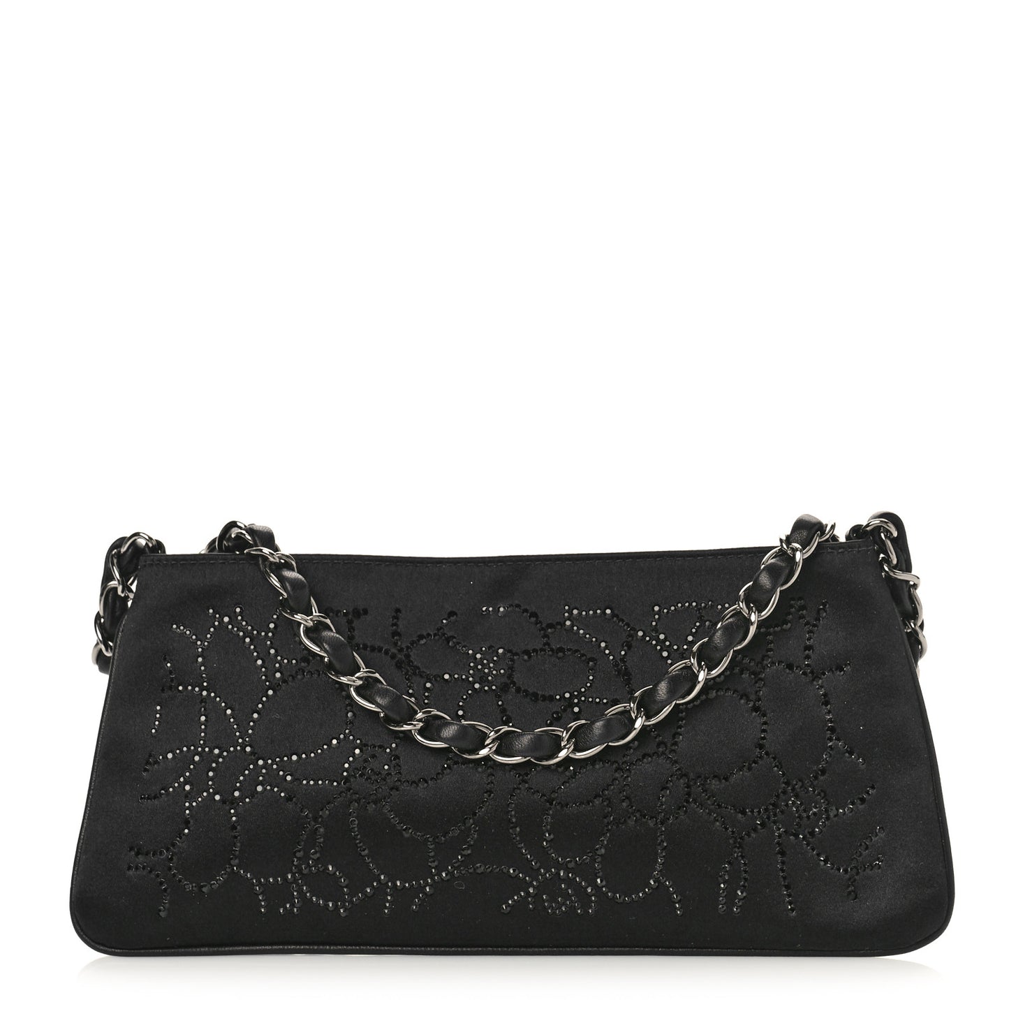 Satin Crystal Camellia Evening Bag Black