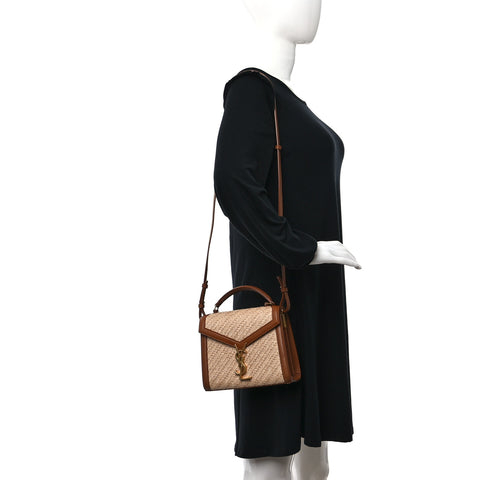 Raffia Calfskin Mini Classic Monogram Cassandra Top Handle Naturel Brick