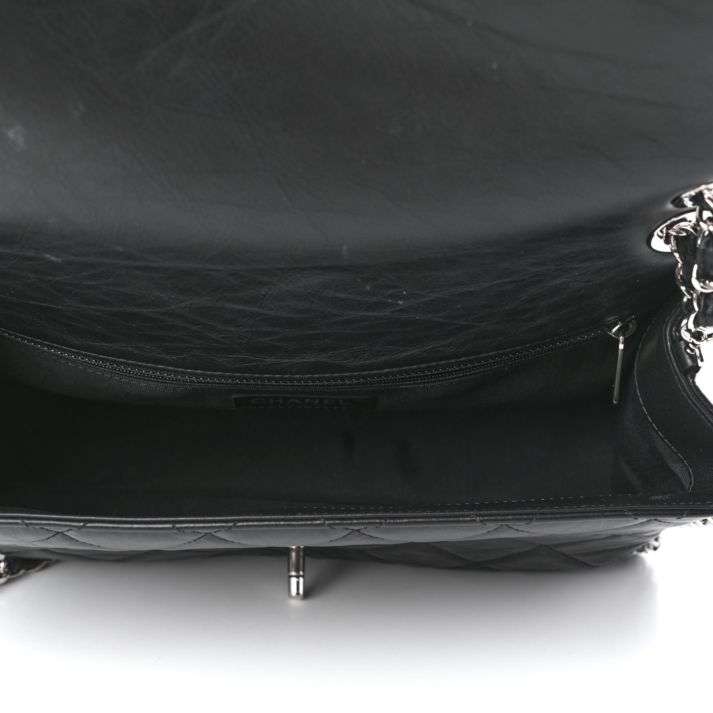 Crumpled Calfskin Quilted Large Chain All Over Flap Bag Black