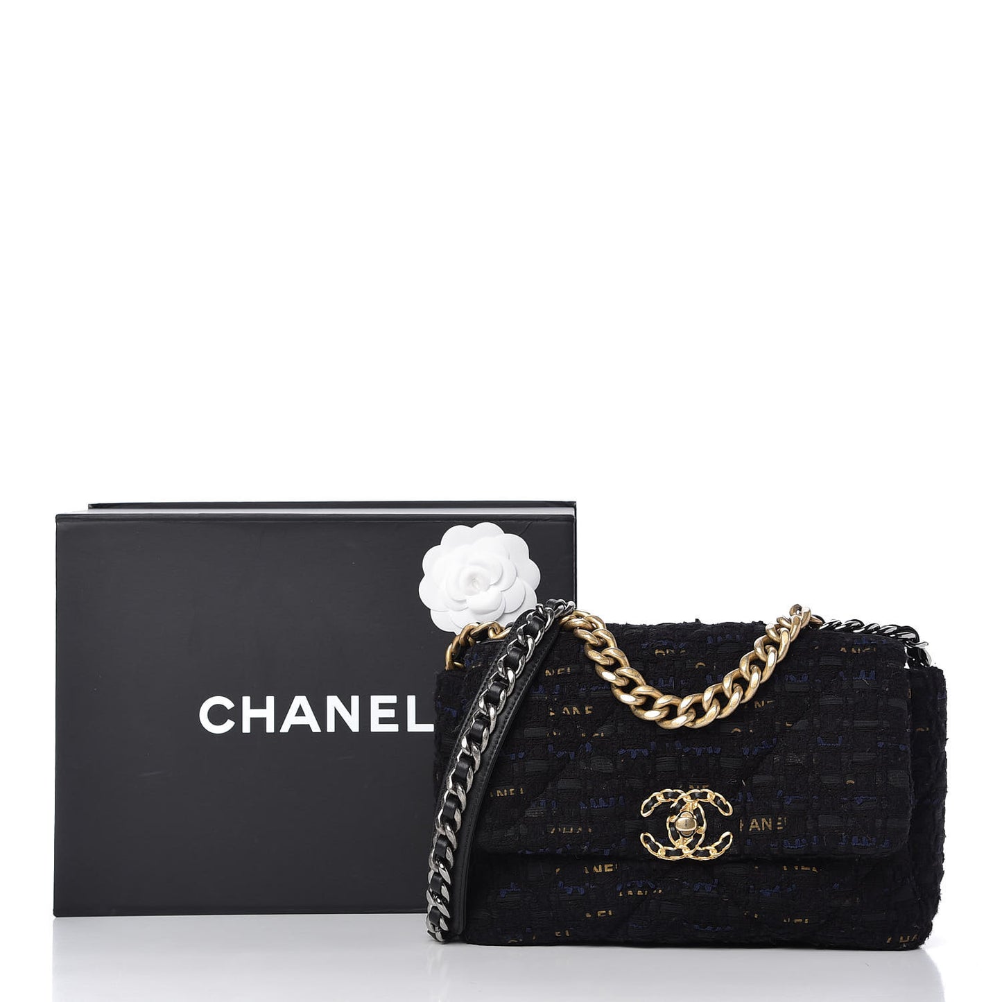 Tweed Quilted Medium Chanel 19 Flap Black Navy Gold