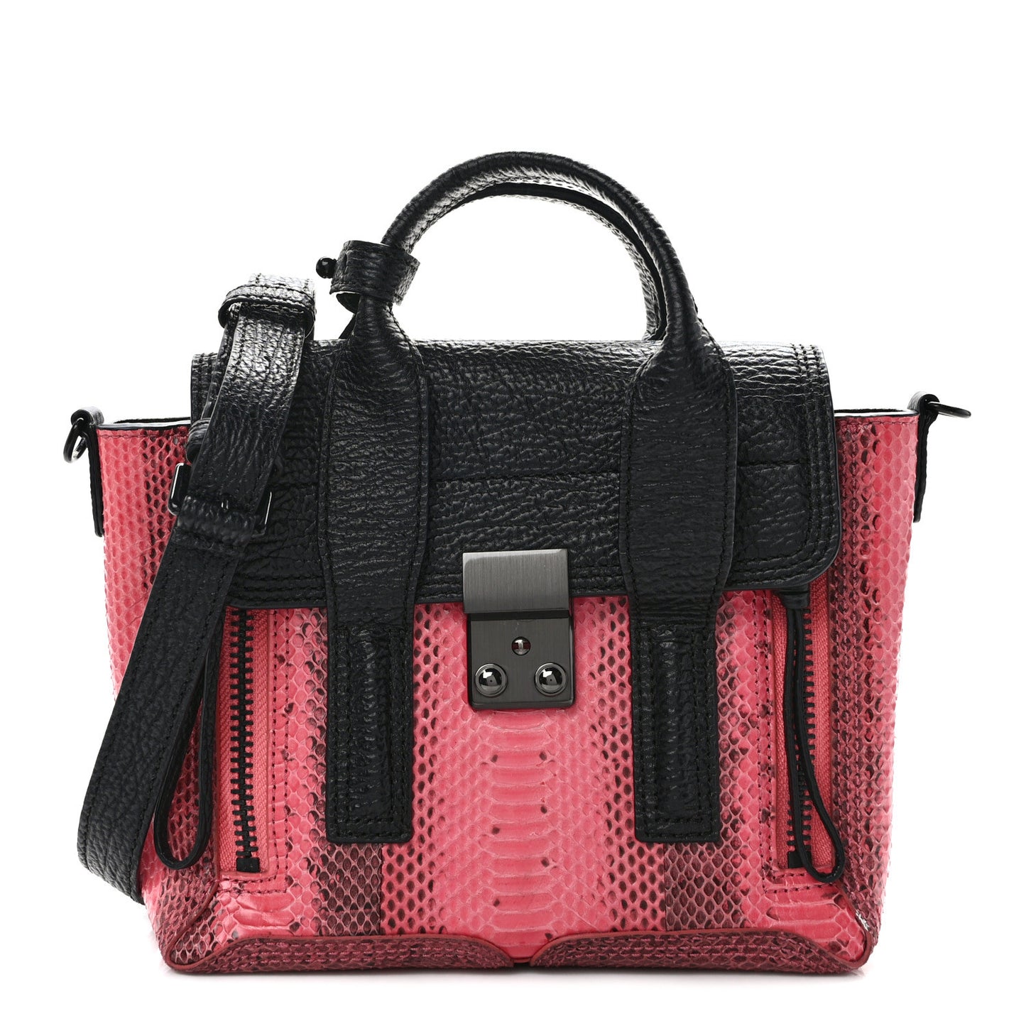 Textured Calfskin Elaphe Snakeskin Mini Pashli Satchel Pink Black