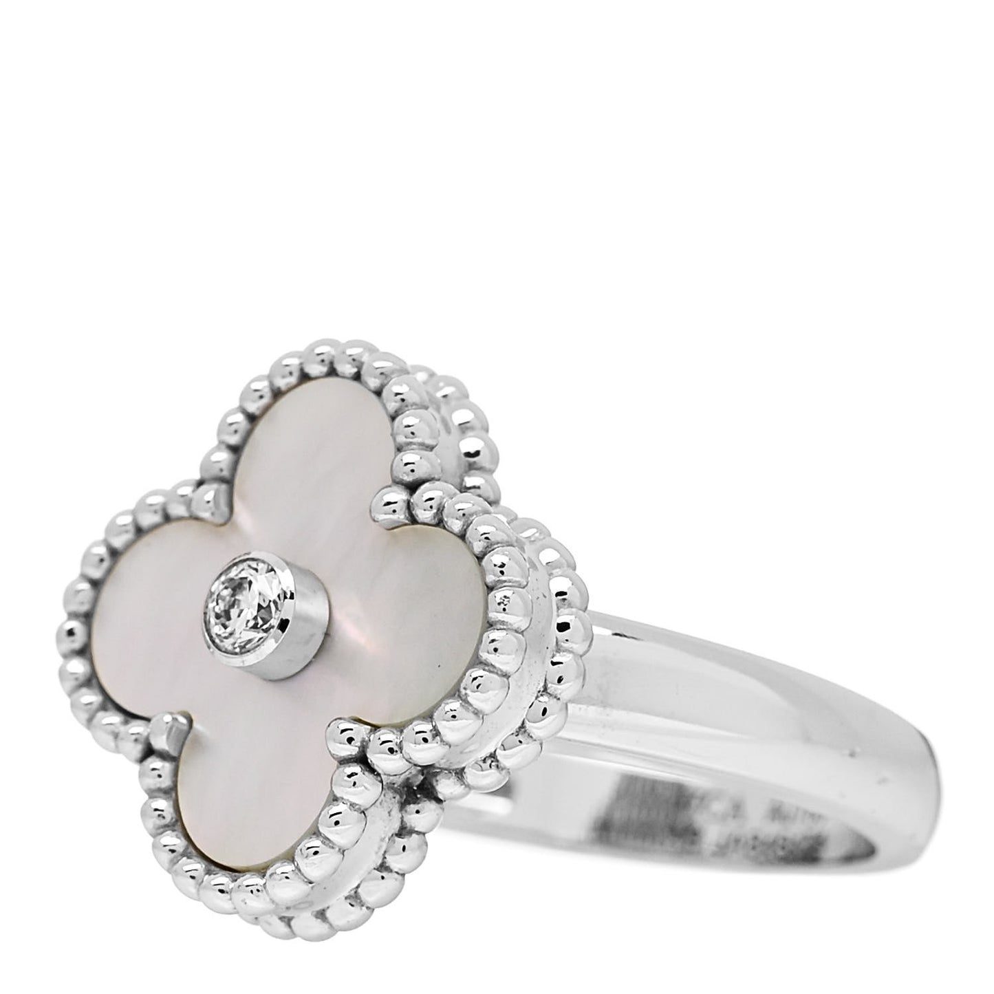 18K White Gold Diamond Mother of Pearl Vintage Alhambra Ring 49 4.75
