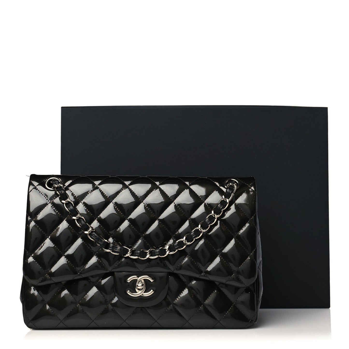 Striated Patent Quilted Jumbo Double Flap Black