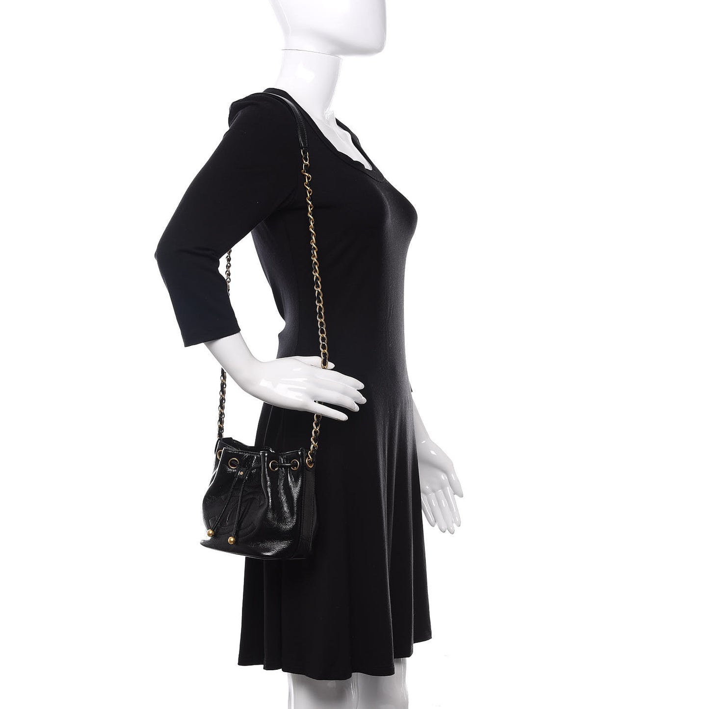 Shiny Aged Calfskin CC Chain Mini Drawstring Bag Black