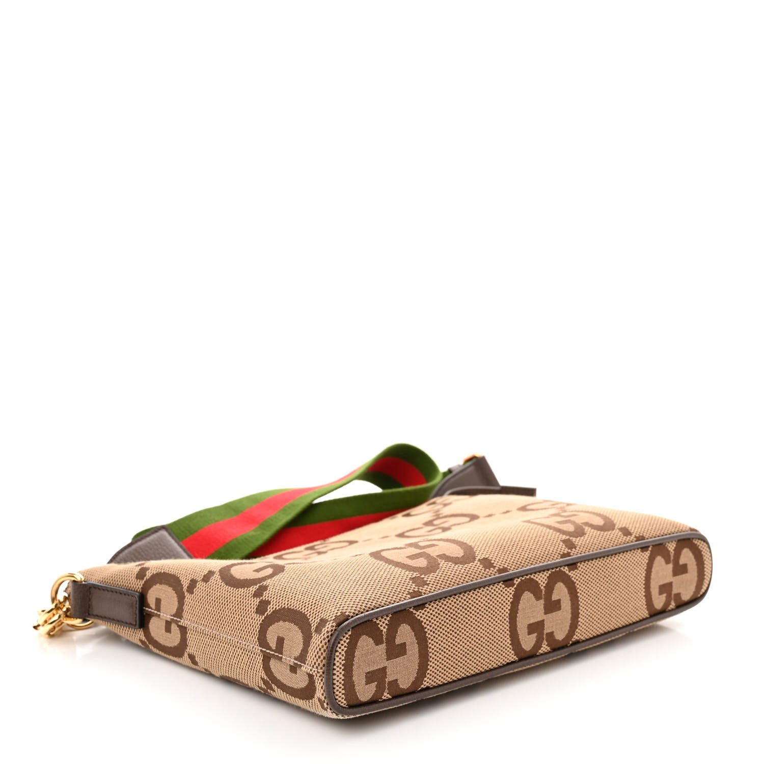 Gucci Monogram Jumbo GG Textured Dollar Calfskin Web Wristlet Messenger Bag Camel Ebony New Acero 4 of 9
