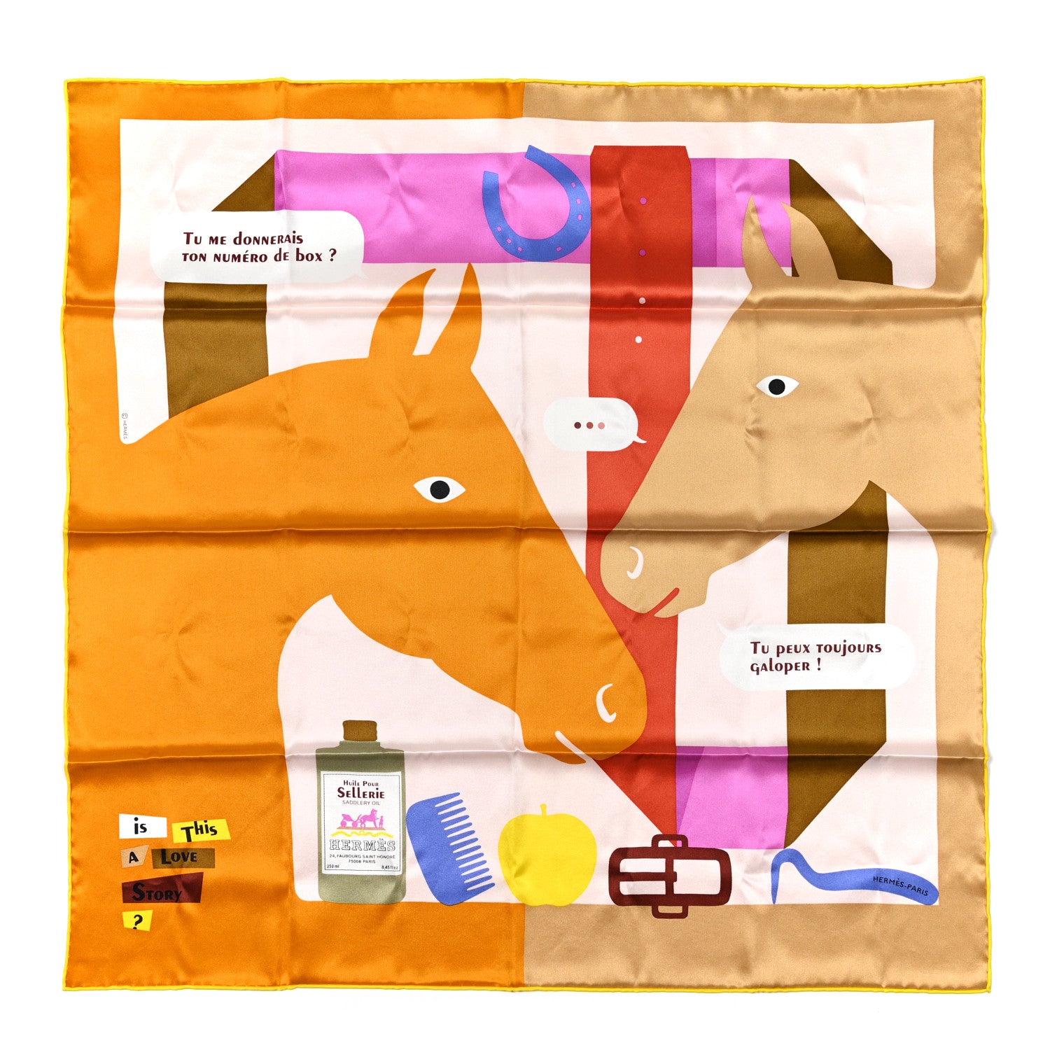 Hermes Silk Is This A Love Story? Scarf 70 Rose Nacre Ocre Beige