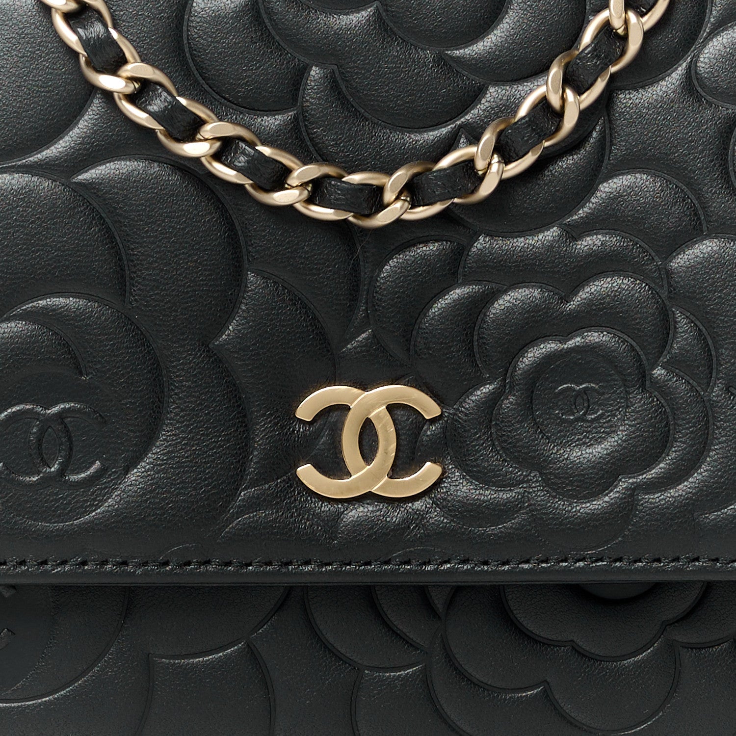 Chanel Lambskin Camellia Embossed Wallet on Chain WOC Black 9 of 11