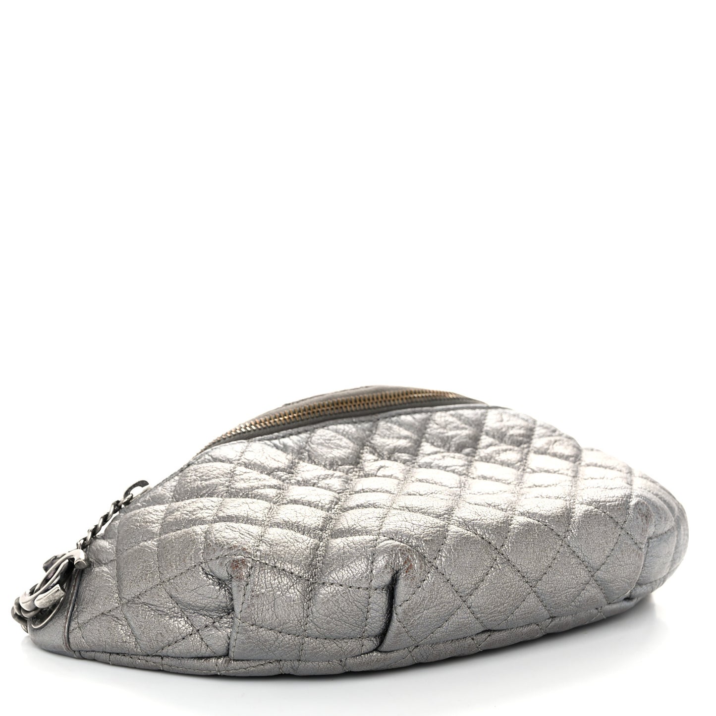 Metallic Calfskin Quilted Banane Waist Bag Fanny Pack Dark Silver