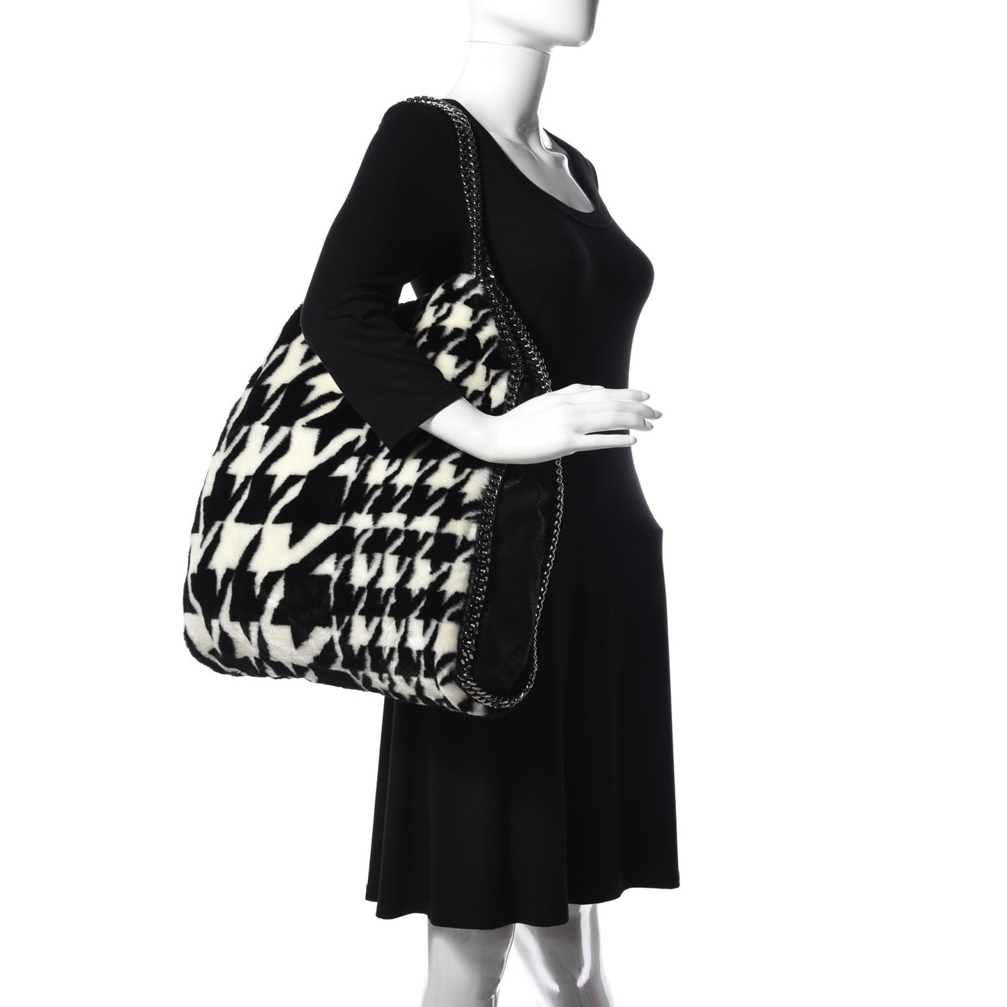 Eco Fur Houndstooth Big Falabella Fold Over Tote Black White