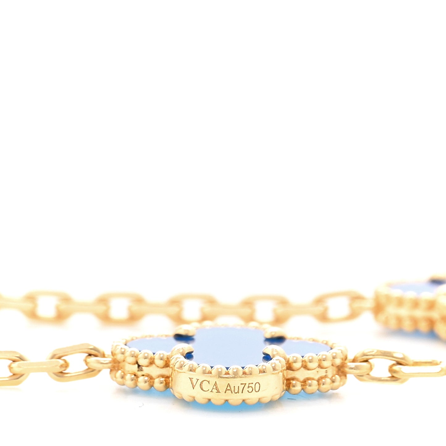 18K Yellow Gold Blue Agate 10 Motifs Vintage Alhambra Necklace
